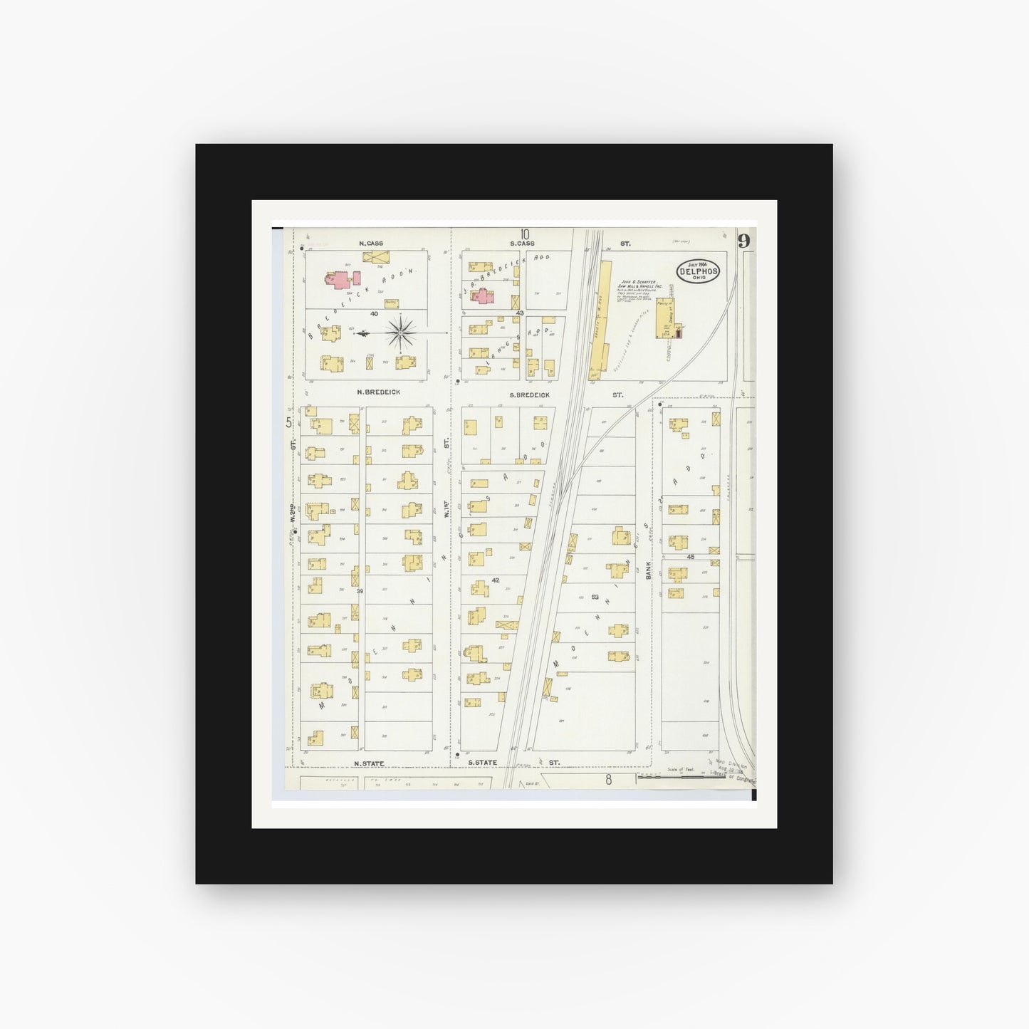 Old map wall art mockup — black gallery frame with white mat — Sanborn Fire Insurance Map from Delphos, Van Wert And Allen Counties, Ohio (1904), Sheet #0009
