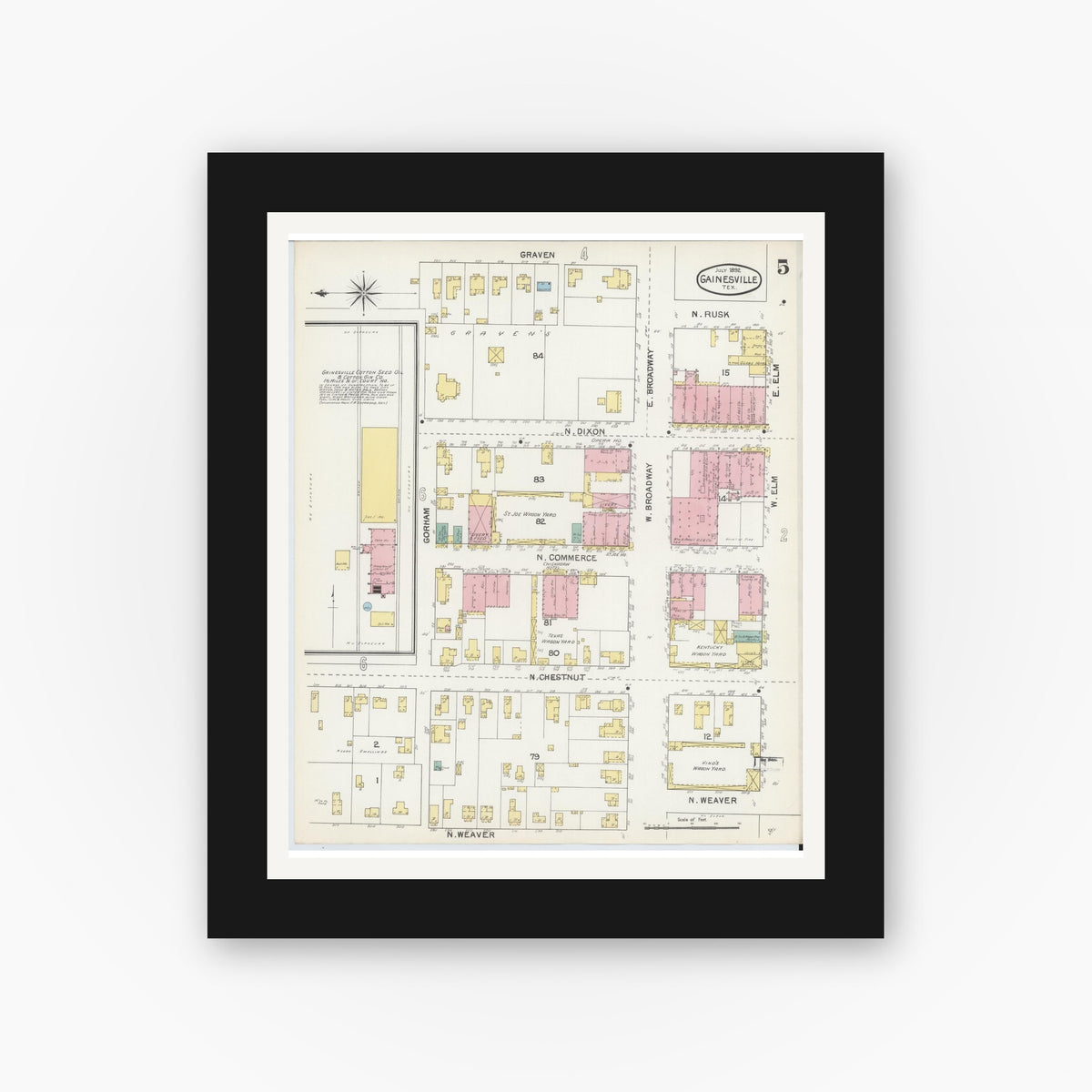 Old map wall art mockup — black gallery frame with white mat — Sanborn Fire Insurance Map from Gainesville, Cooke County, Texas (1892), Sheet #0005