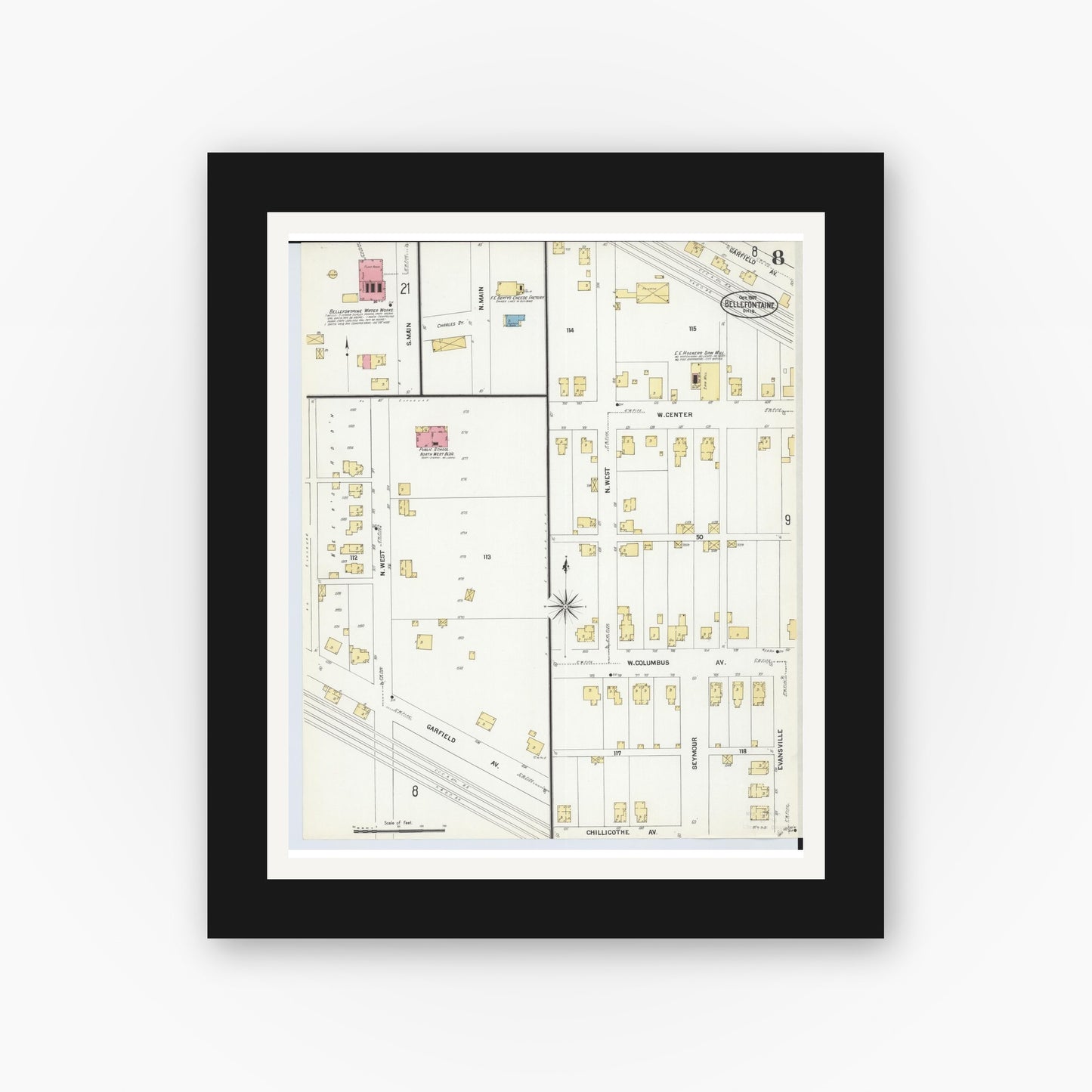 Old map wall art mockup — black gallery frame with white mat — Sanborn Fire Insurance Map from Bellefontaine, Logan County, Ohio (1907), Sheet #0008