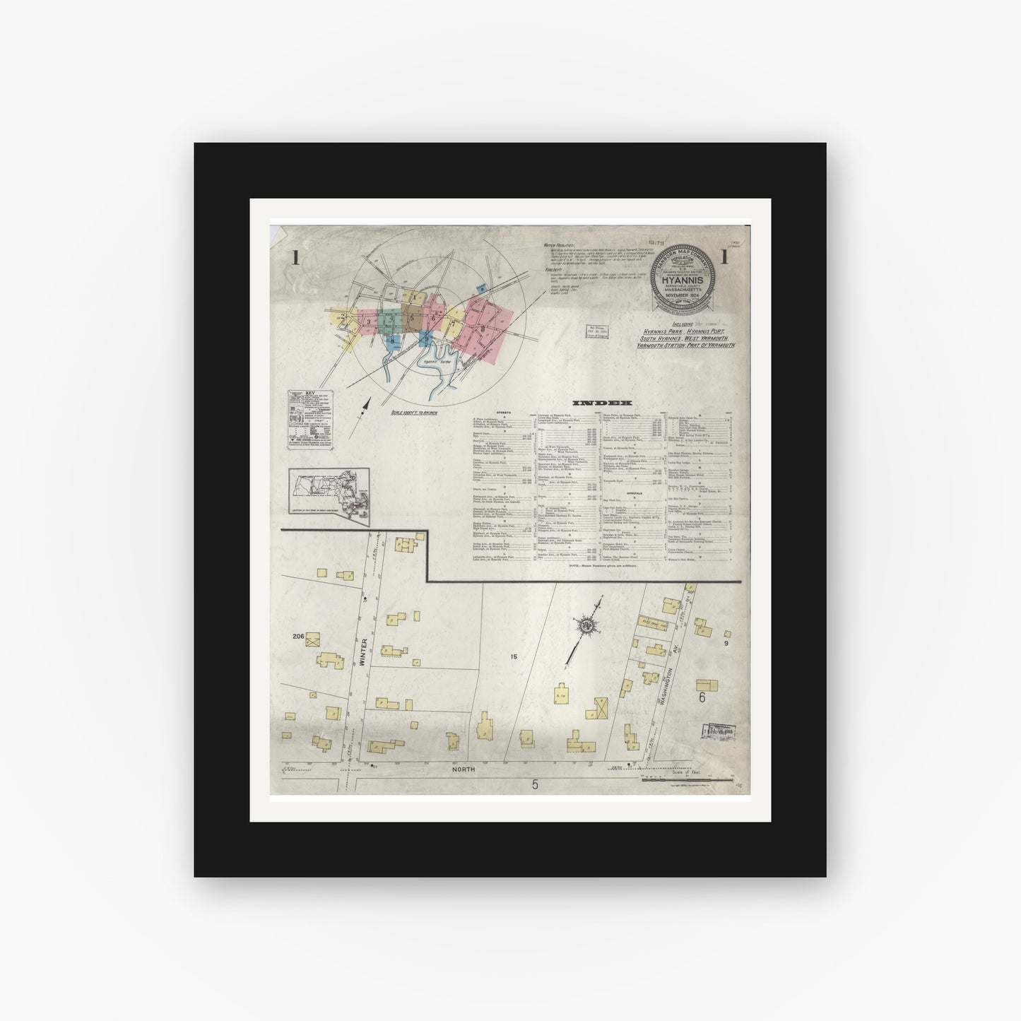 Old map wall art mockup — black gallery frame with white mat — Sanborn Fire Insurance Map from Hyannis, Barnstable County, Massachusetts (1924) - Complete Map Set