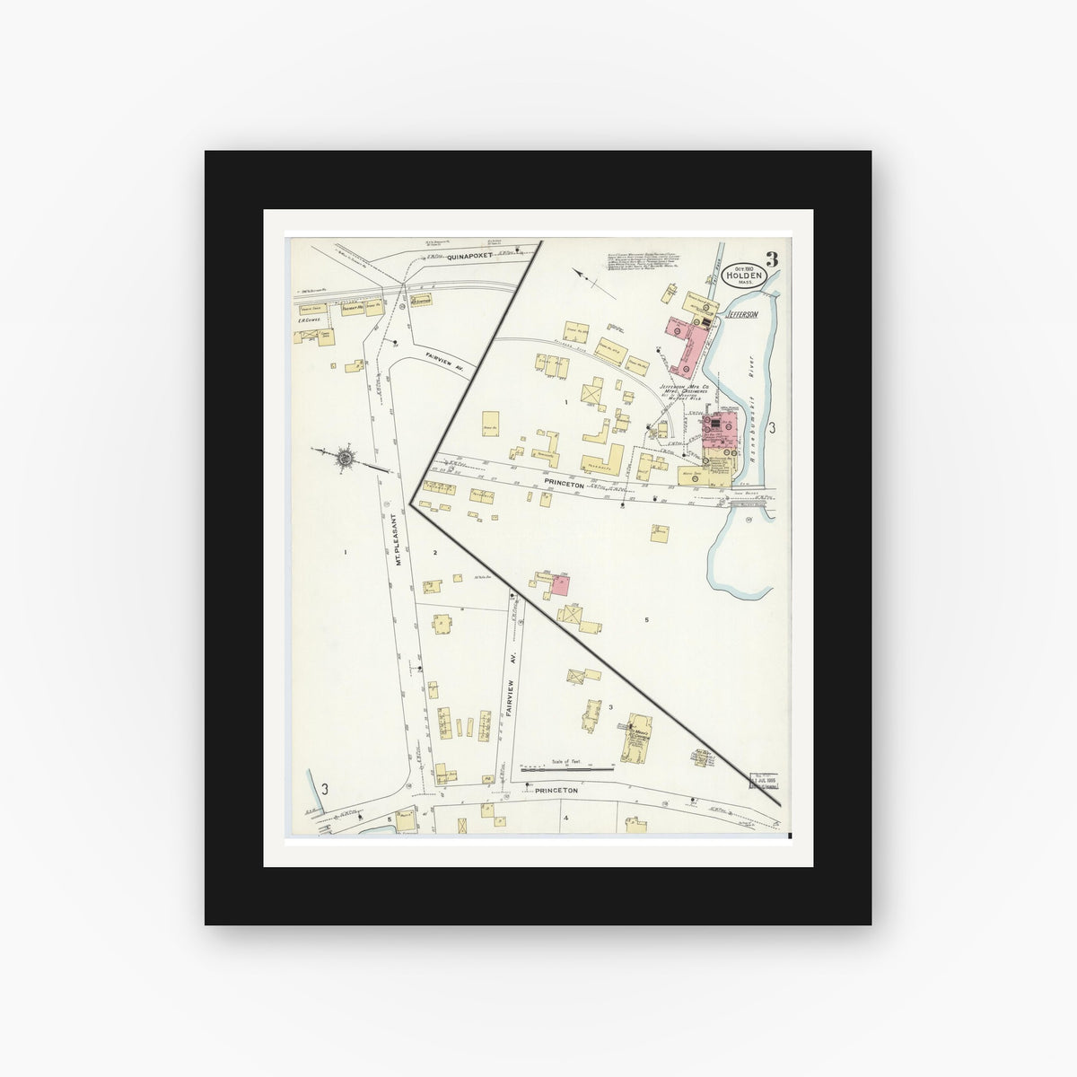 Old map wall art mockup — black gallery frame with white mat — Sanborn Fire Insurance Map from Holden, Worcester County, Massachusetts (1910), Sheet #0003