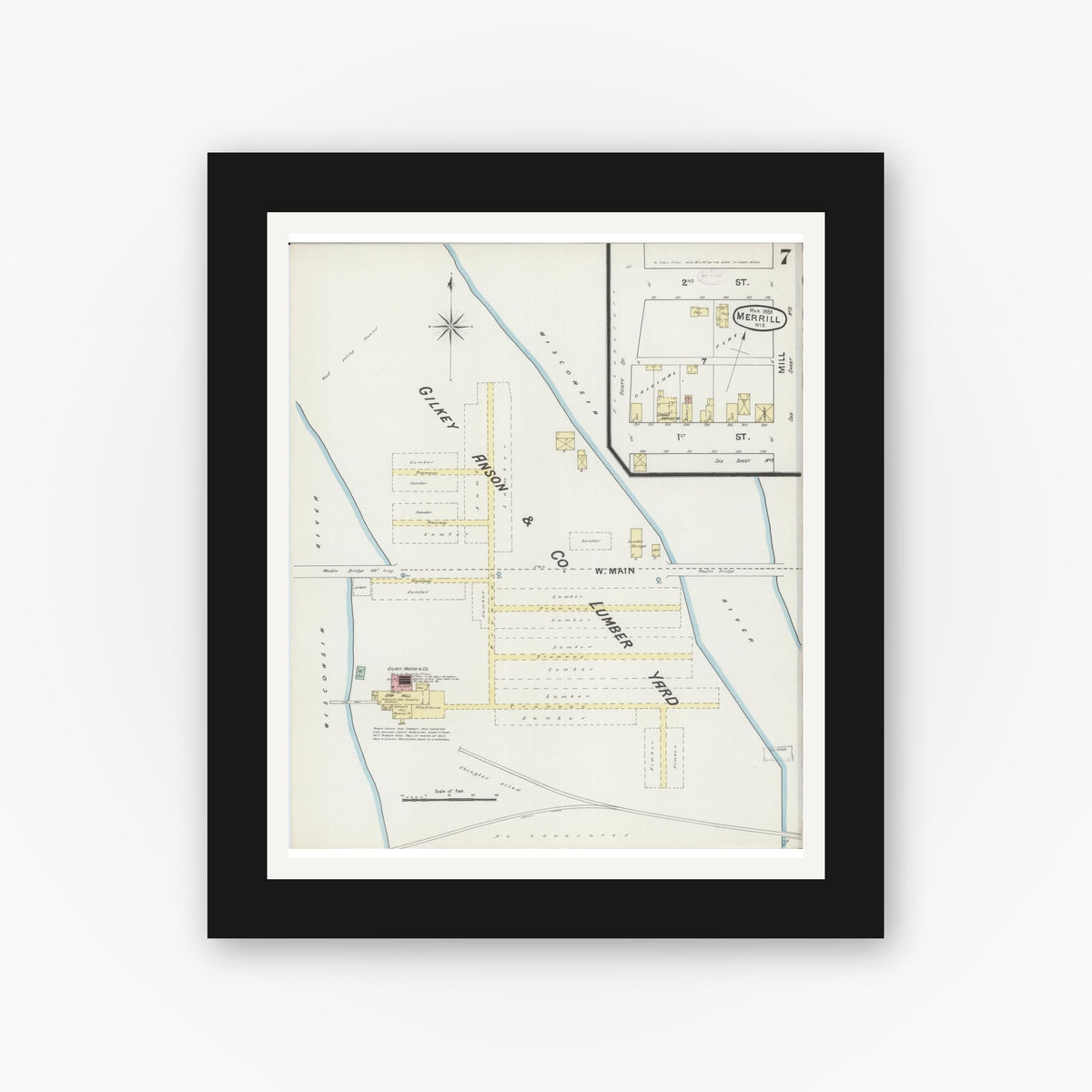 Old map wall art mockup — black gallery frame with white mat — Sanborn Fire Insurance Map from Merrill, Lincoln County, Wisconsin (1888), Sheet #0007