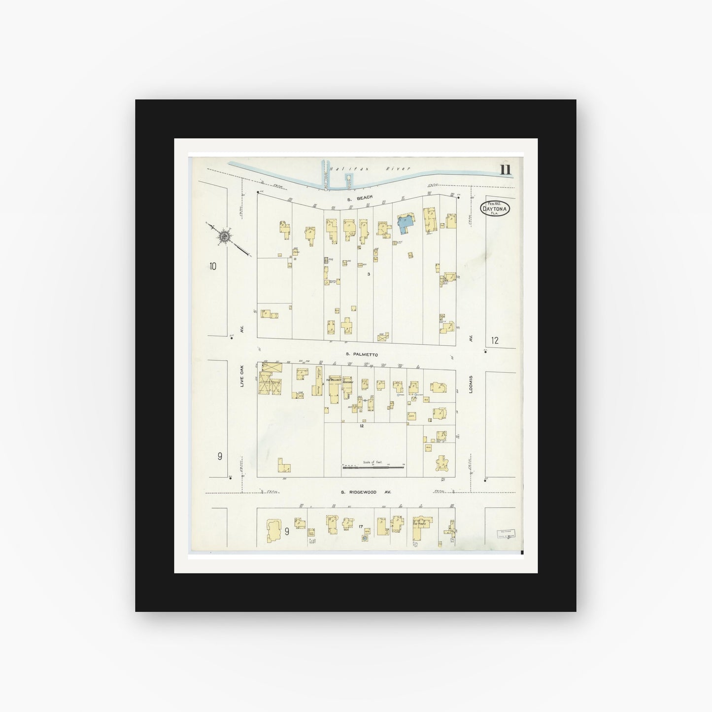 Old map wall art mockup — black gallery frame with white mat — Sanborn Fire Insurance Map from Daytona, Volusia County, Florida (1912), Sheet #0011