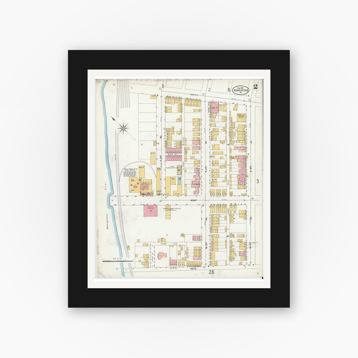 Old map wall art mockup — black gallery frame with white mat — Sanborn Fire Insurance Map from Homestead, Allegheny County, Pennsylvania (1907), Sheet #0002