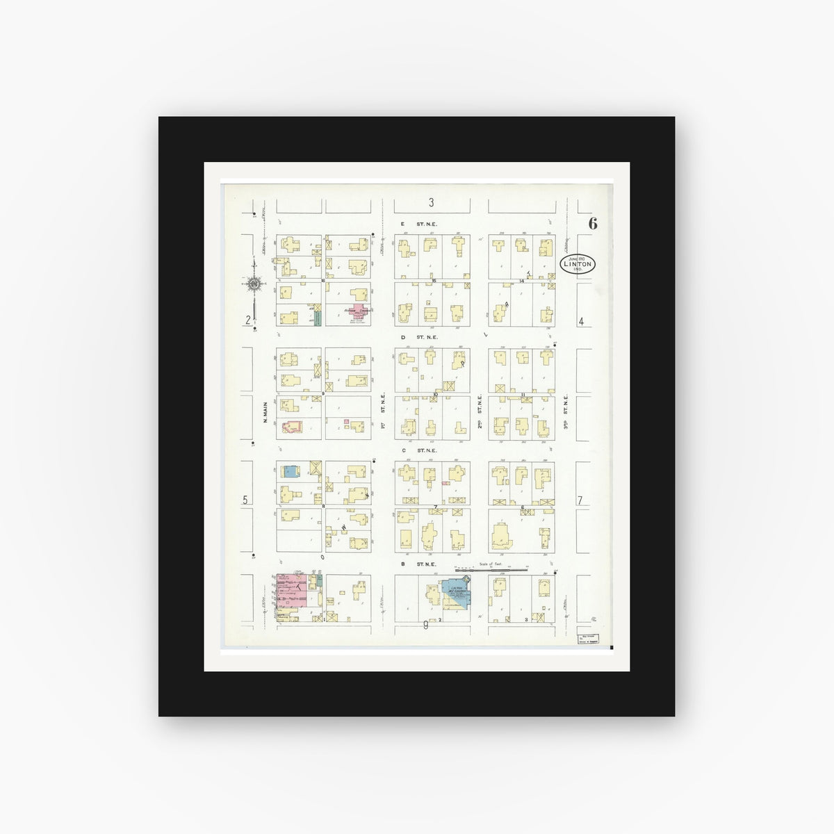 Old map wall art mockup — black gallery frame with white mat — Sanborn Fire Insurance Map from Linton, Greene County, Indiana (1910), Sheet #0006