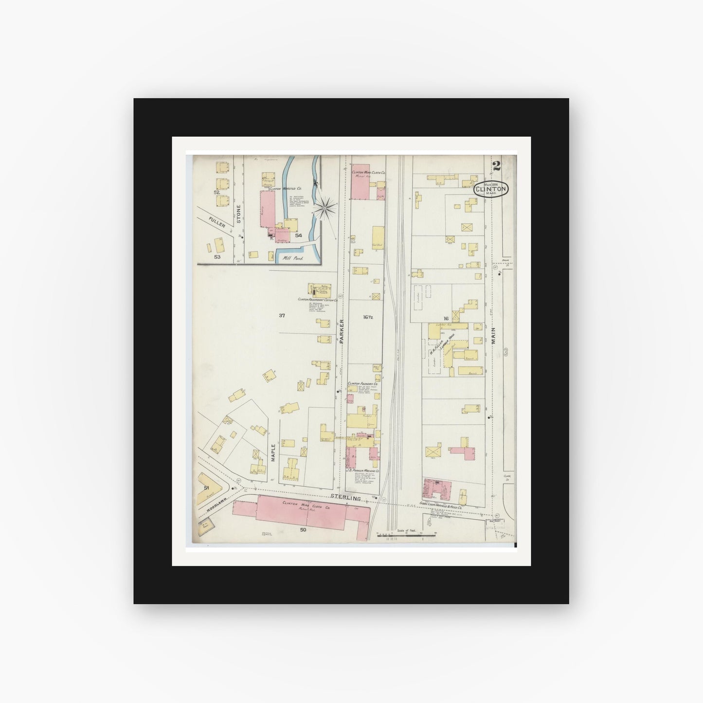 Old map wall art mockup — black gallery frame with white mat — Sanborn Fire Insurance Map from Clinton, Worcester County, Massachusetts (1894), Sheet #0002