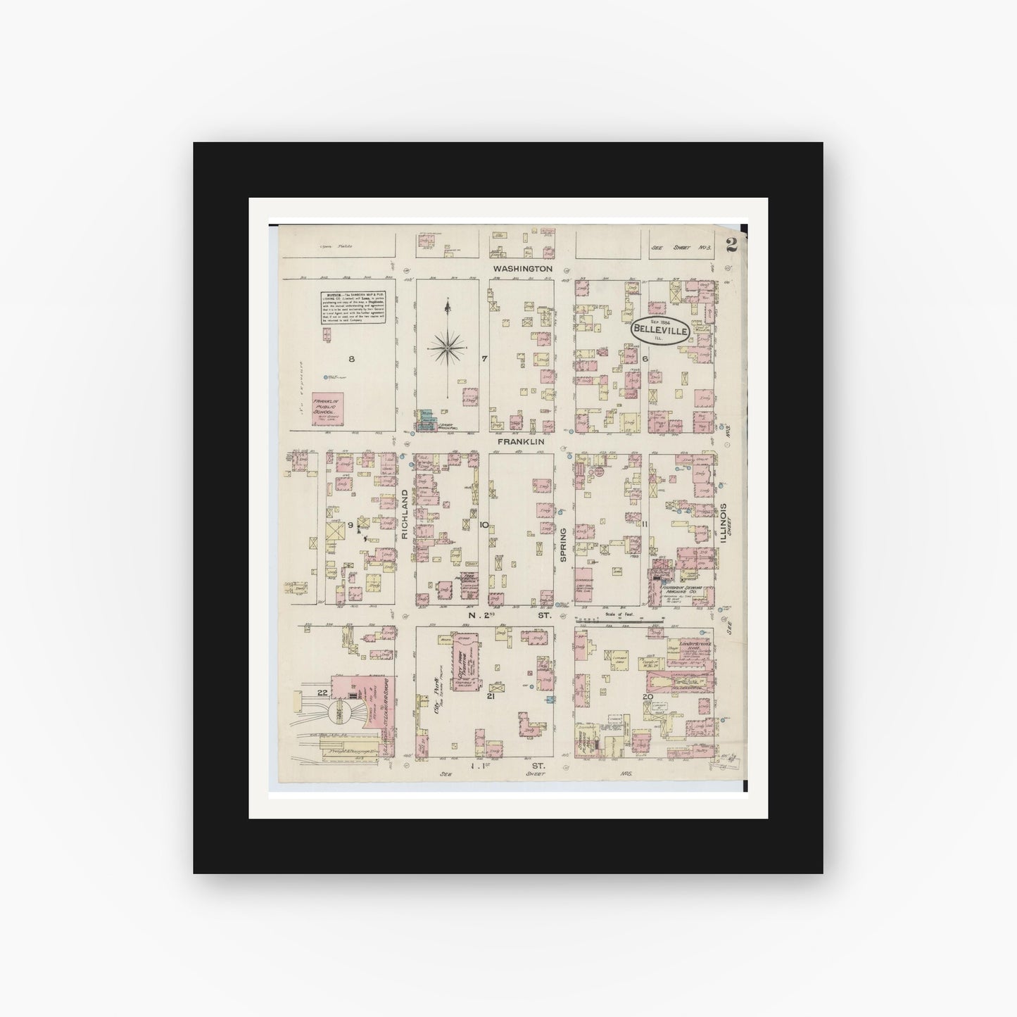 Old map wall art mockup — black gallery frame with white mat — Sanborn Fire Insurance Map from Belleville, Saint Clair County, Illinois (1884), Sheet #0002