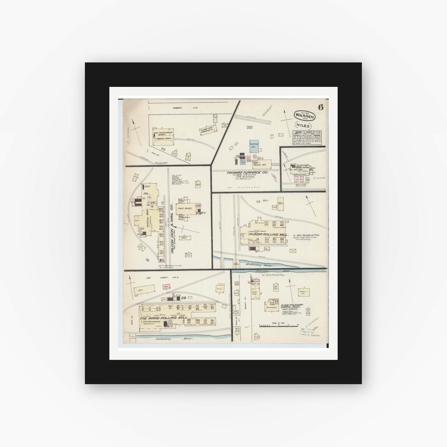 Old map wall art mockup — black gallery frame with white mat — Sanborn Fire Insurance Map from Warren, Trumbull County, Ohio (1884), Sheet #0006