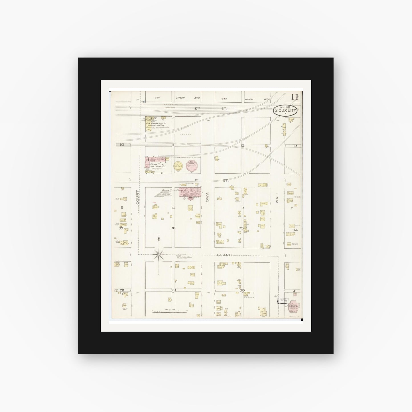 Old map wall art mockup β black gallery frame with white mat β Sanborn Fire Insurance Map from Sioux City, Woodbury County, Iowa (1886), Sheet #0011