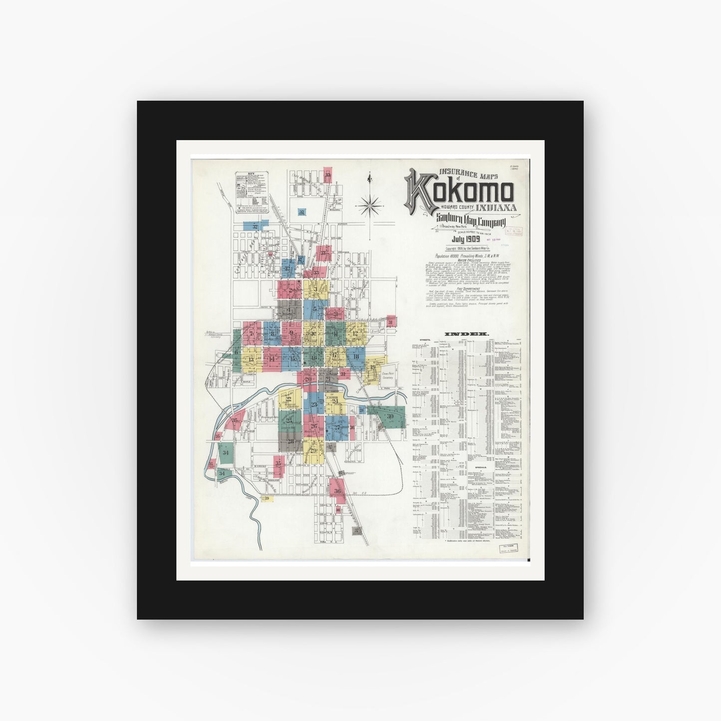 Old map wall art mockup — black gallery frame with white mat — Sanborn Fire Insurance Map from Kokomo, Howard County, Indiana (1909), Sheet #0001
