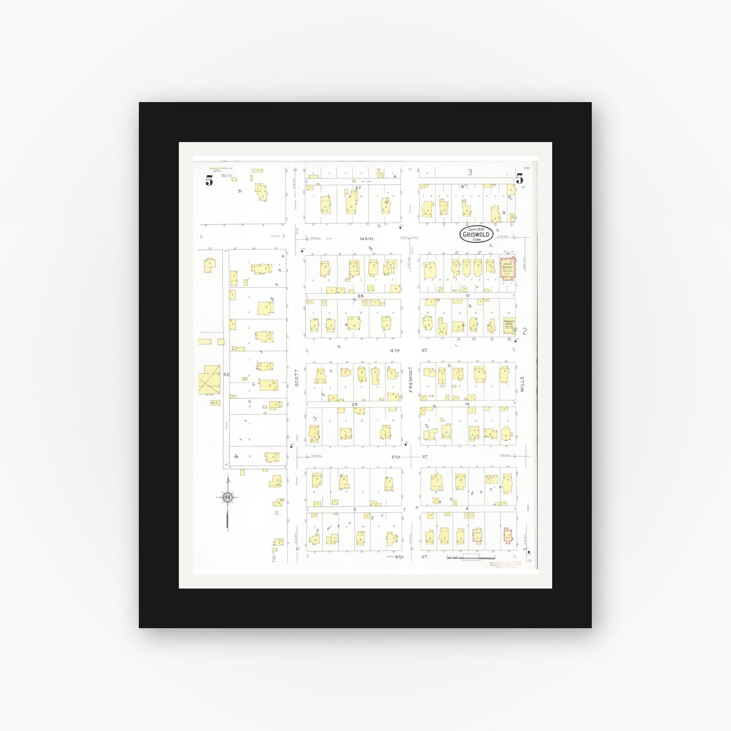 Old map wall art mockup — black gallery frame with white mat — Sanborn Fire Insurance Map from Griswold, Cass County, Iowa (1930), Sheet #0005