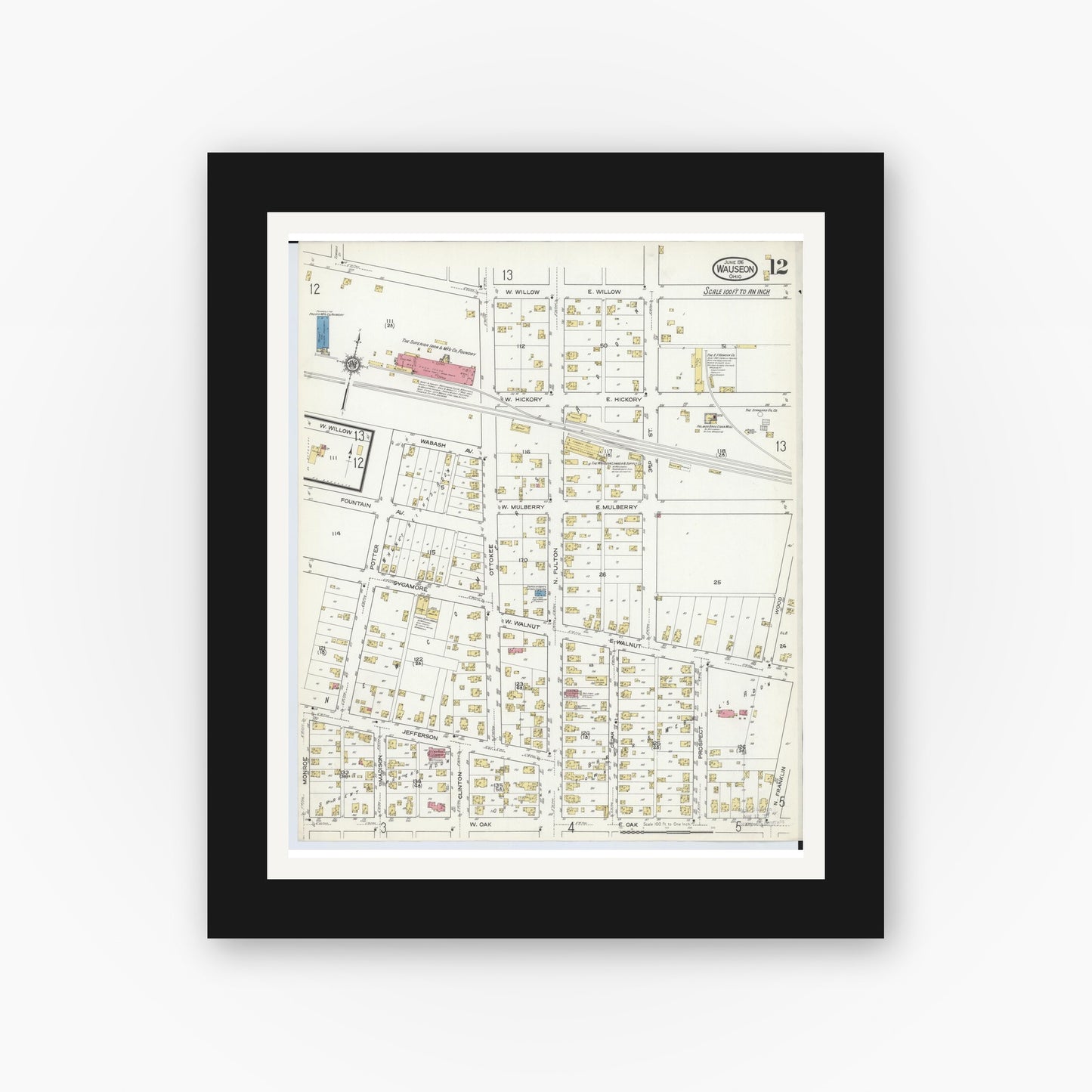 Old map wall art mockup — black gallery frame with white mat — Sanborn Fire Insurance Map from Wauseon, Fulton County, Ohio (1916), Sheet #0012