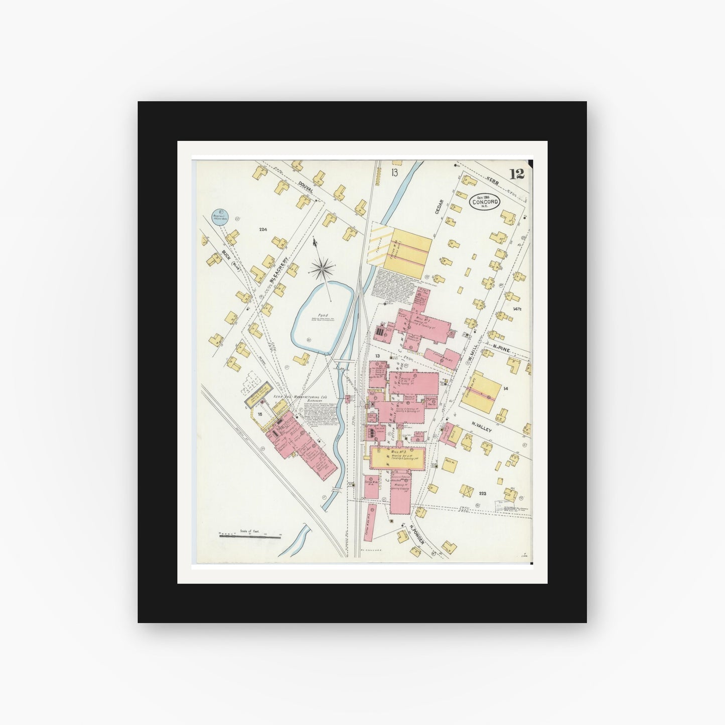 Old map wall art mockup — black gallery frame with white mat — Sanborn Fire Insurance Map from Concord, Cabarrus County, North Carolina (1906), Sheet #0012