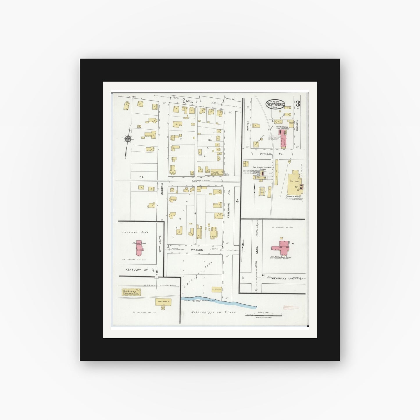 Old map wall art mockup — black gallery frame with white mat — Sanborn Fire Insurance Map from New Madrid, New Madrid County, Missouri (1919), Sheet #0003