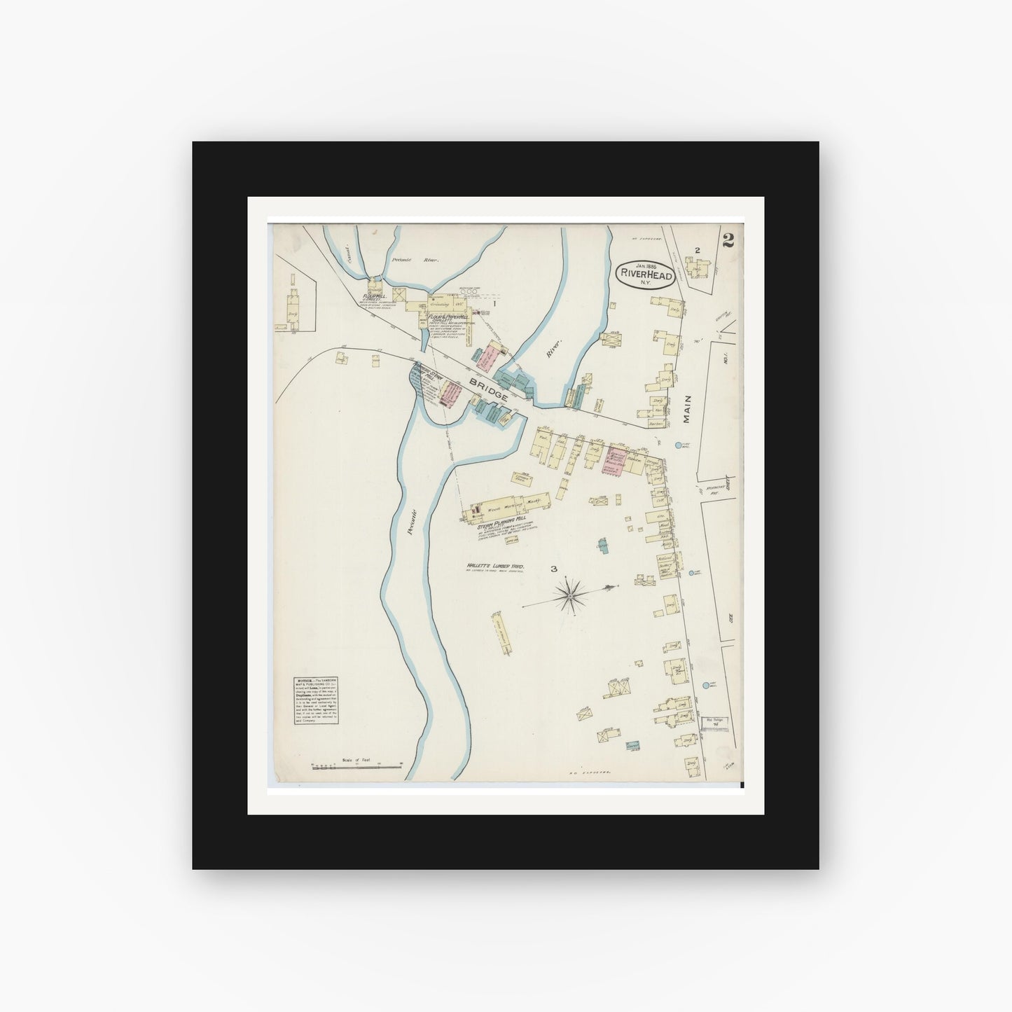 Old map wall art mockup — black gallery frame with white mat — Sanborn Fire Insurance Map from Riverhead, Suffolk County, New York (1885), Sheet #0002