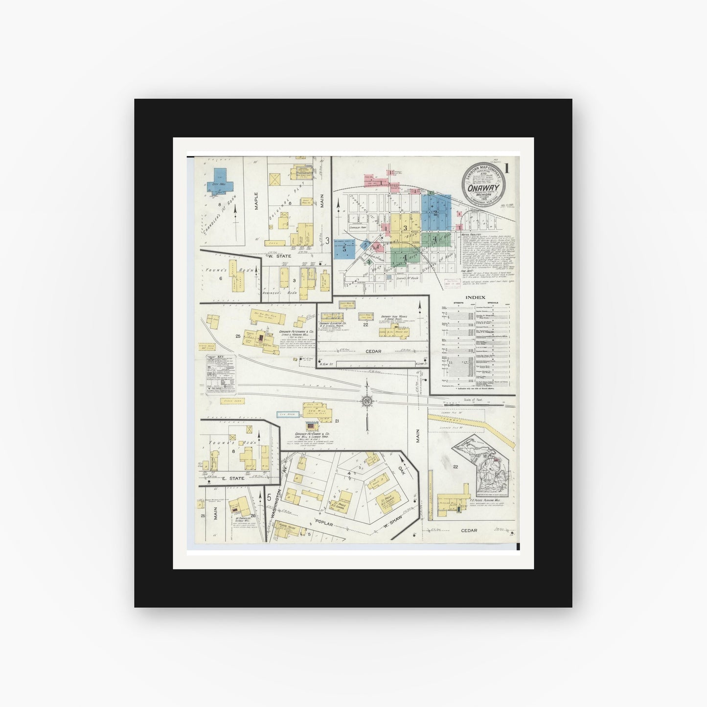 Old map wall art mockup — black gallery frame with white mat — Sanborn Fire Insurance Map from Onaway, Presque Isle County, Michigan (1915), Sheet #0001