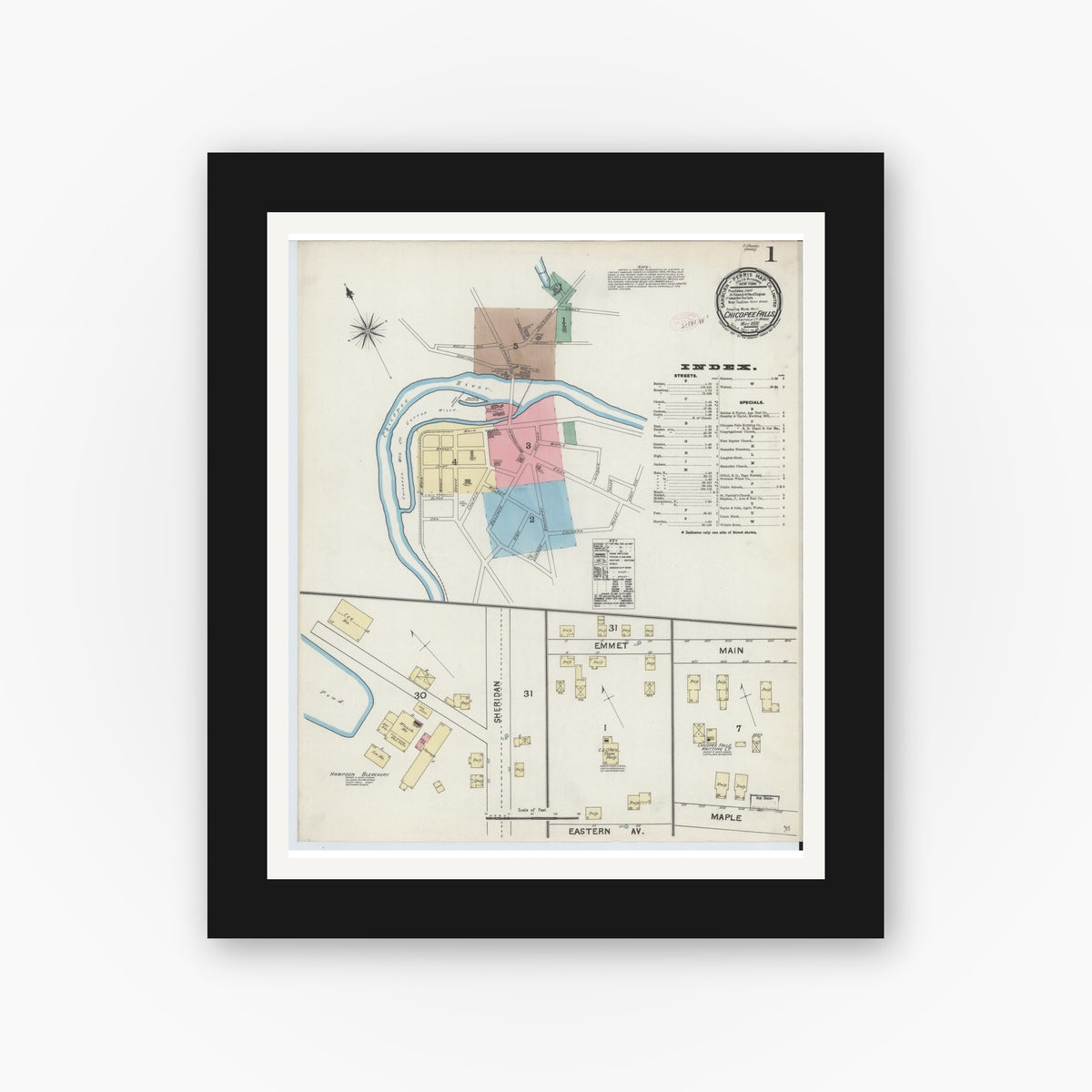 Old map wall art mockup — black gallery frame with white mat — Sanborn Fire Insurance Map from Chicopee Falls, Hampden County, Massachusetts (1891) - Complete Map Set