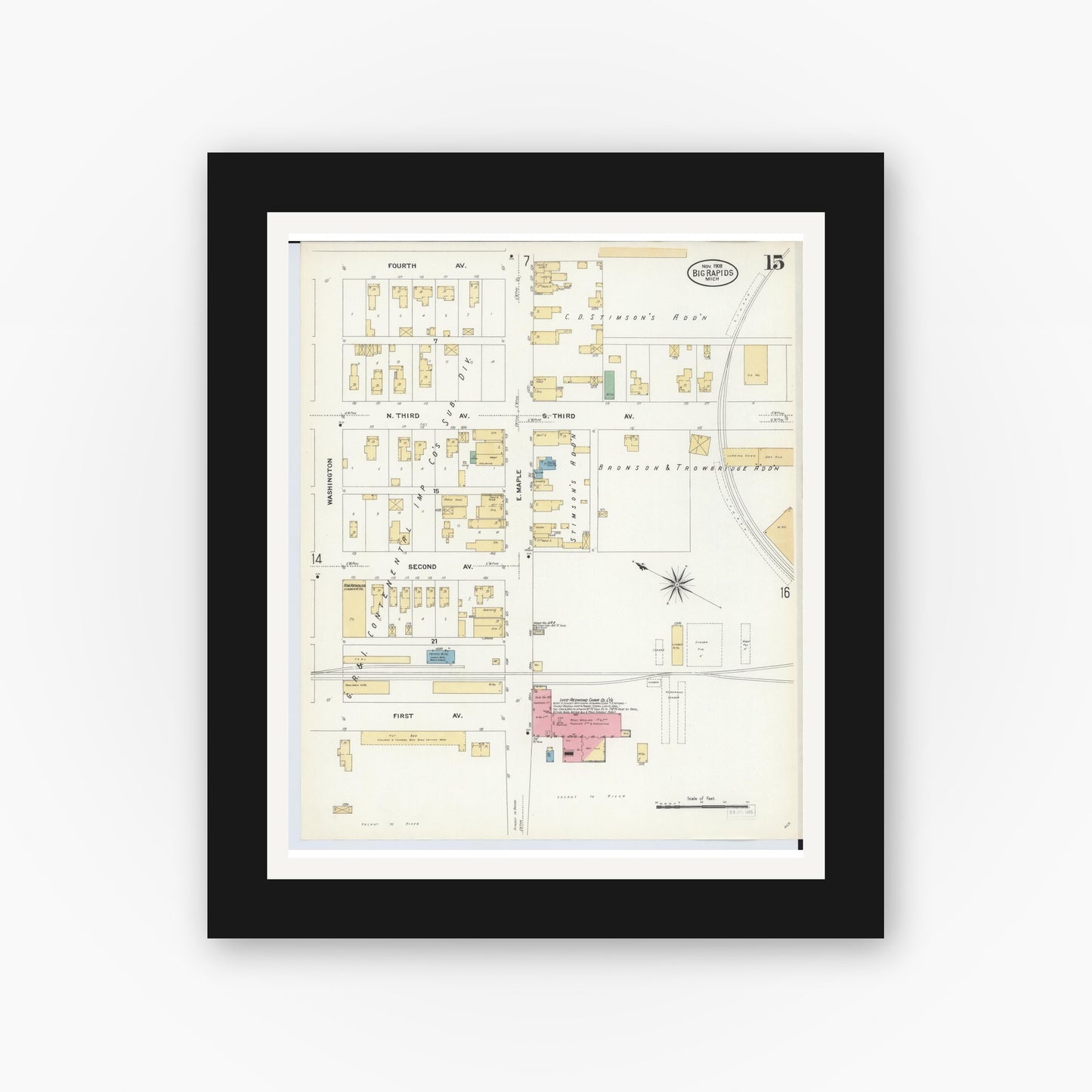 Old map wall art mockup — black gallery frame with white mat — Sanborn Fire Insurance Map from Big Rapids, Mecosta County, Michigan (1908), Sheet #0015