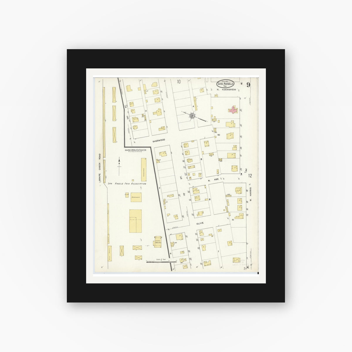Old map wall art mockup — black gallery frame with white mat — Sanborn Fire Insurance Map from San Angelo, Tom Green County, Texas (1913), Sheet #0009