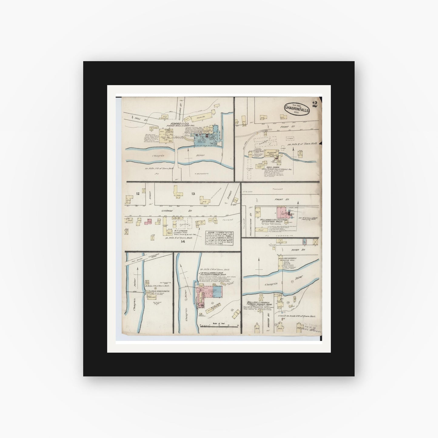 Old map wall art mockup — black gallery frame with white mat — Sanborn Fire Insurance Map from Chagrin Falls, Cuyahoga County, Ohio (1884), Sheet #0002