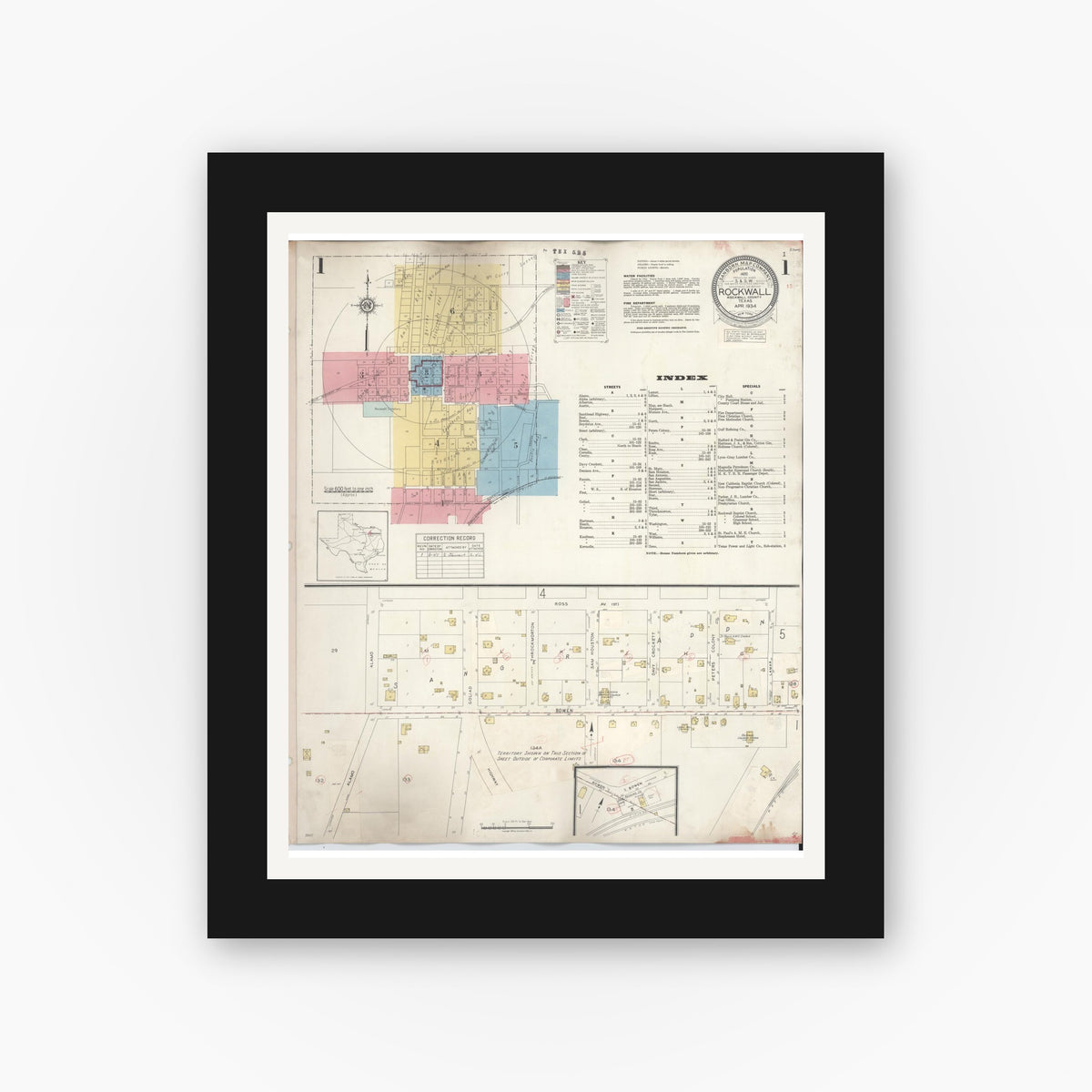 Old map wall art mockup — black gallery frame with white mat — Sanborn Fire Insurance Map from Rockwall, Rockwall County, Texas (1945) - Complete Map Set