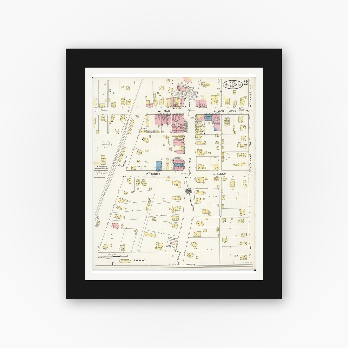 Old map wall art mockup — black gallery frame with white mat — Sanborn Fire Insurance Map from Milford Center, Union County, Ohio (1921), Sheet #0002
