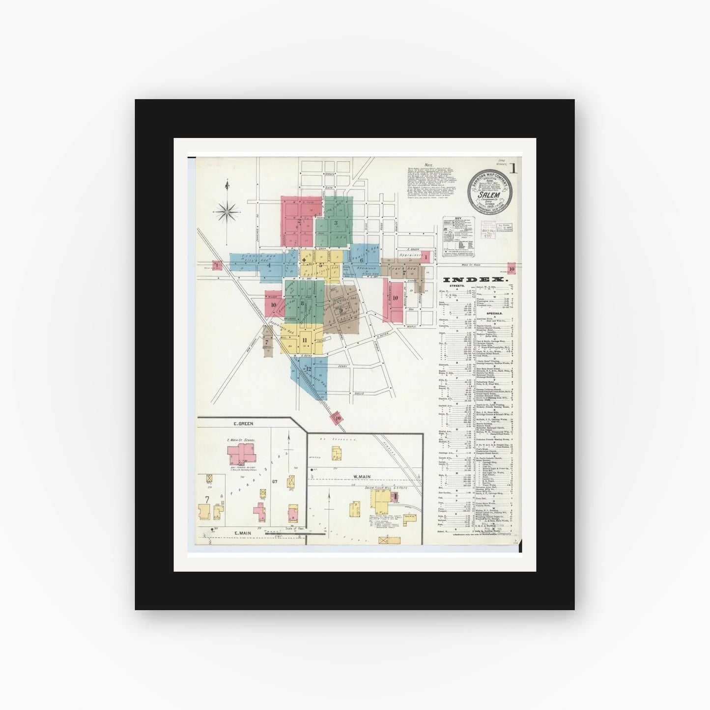 Old map wall art mockup — black gallery frame with white mat — Sanborn Fire Insurance Map from Salem, Columbiana County, Ohio (1903), Sheet #0001