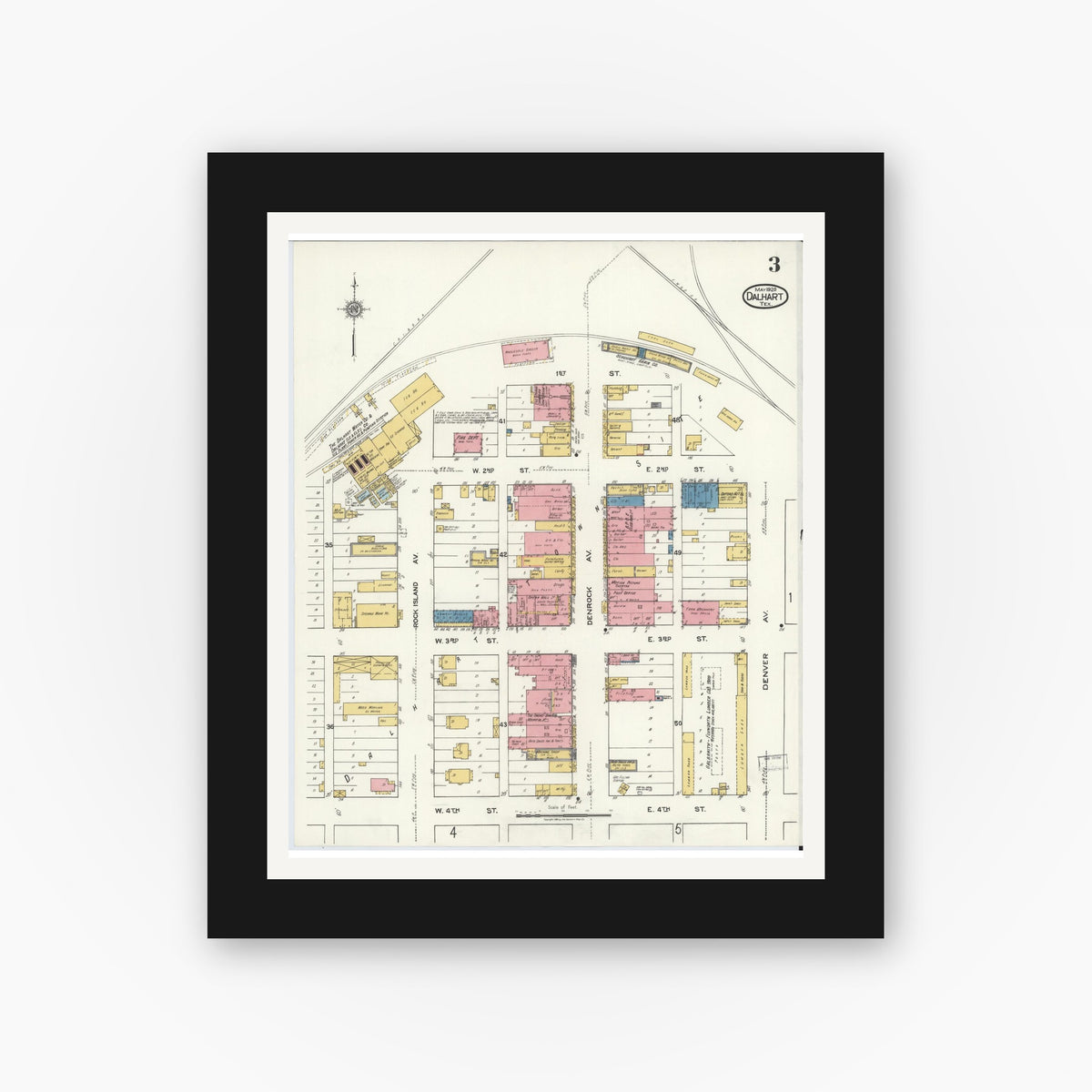 Old map wall art mockup — black gallery frame with white mat — Sanborn Fire Insurance Map from Dalhart, Dallam And Hartley County, Texas (1920), Sheet #0003