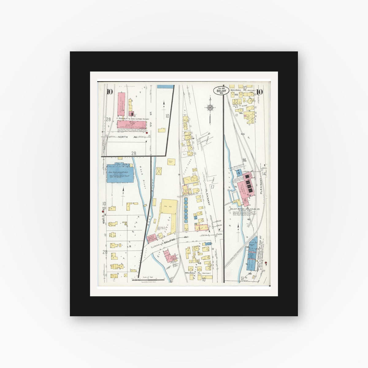 Old map wall art mockup — black gallery frame with white mat — Sanborn Fire Insurance Map from Beloit, Rock County, Wisconsin (1926), Sheet #0010