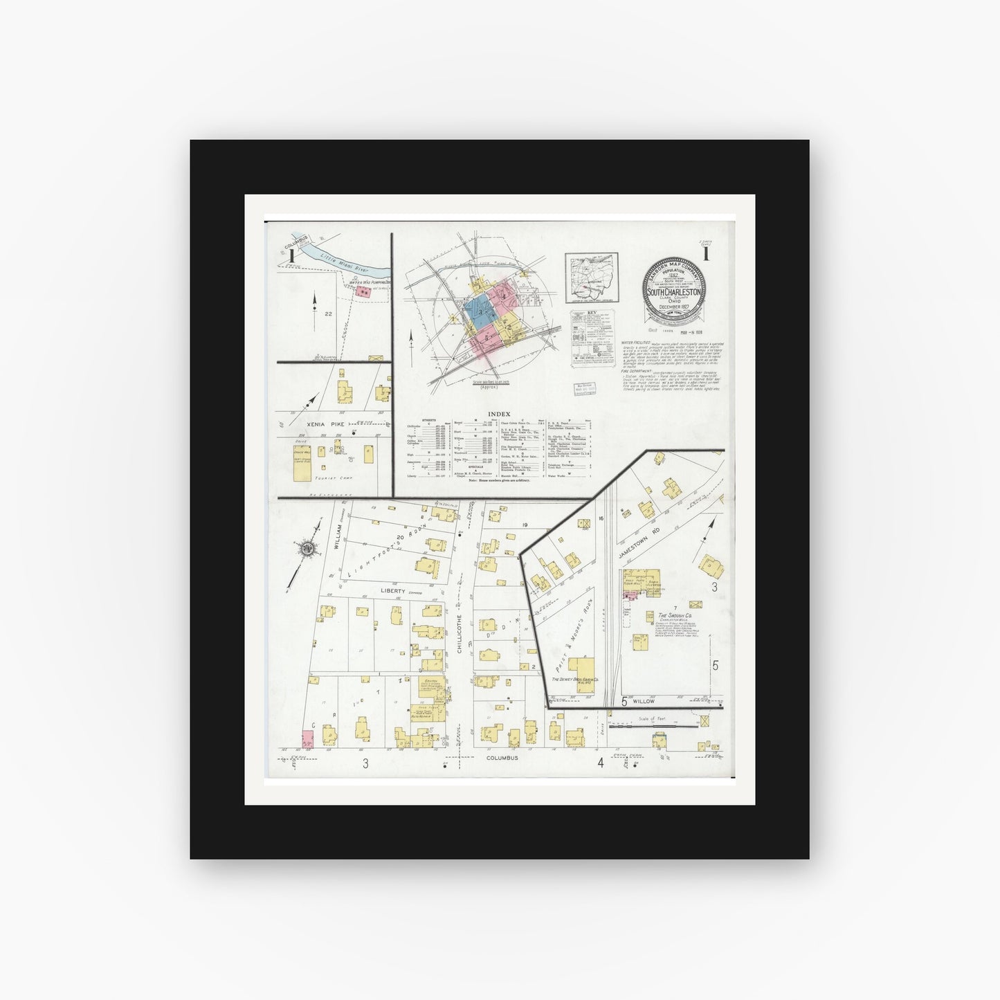 Old map wall art mockup — black gallery frame with white mat — Sanborn Fire Insurance Map from South Charleston, Clark County, Ohio (1927) - Complete Map Set