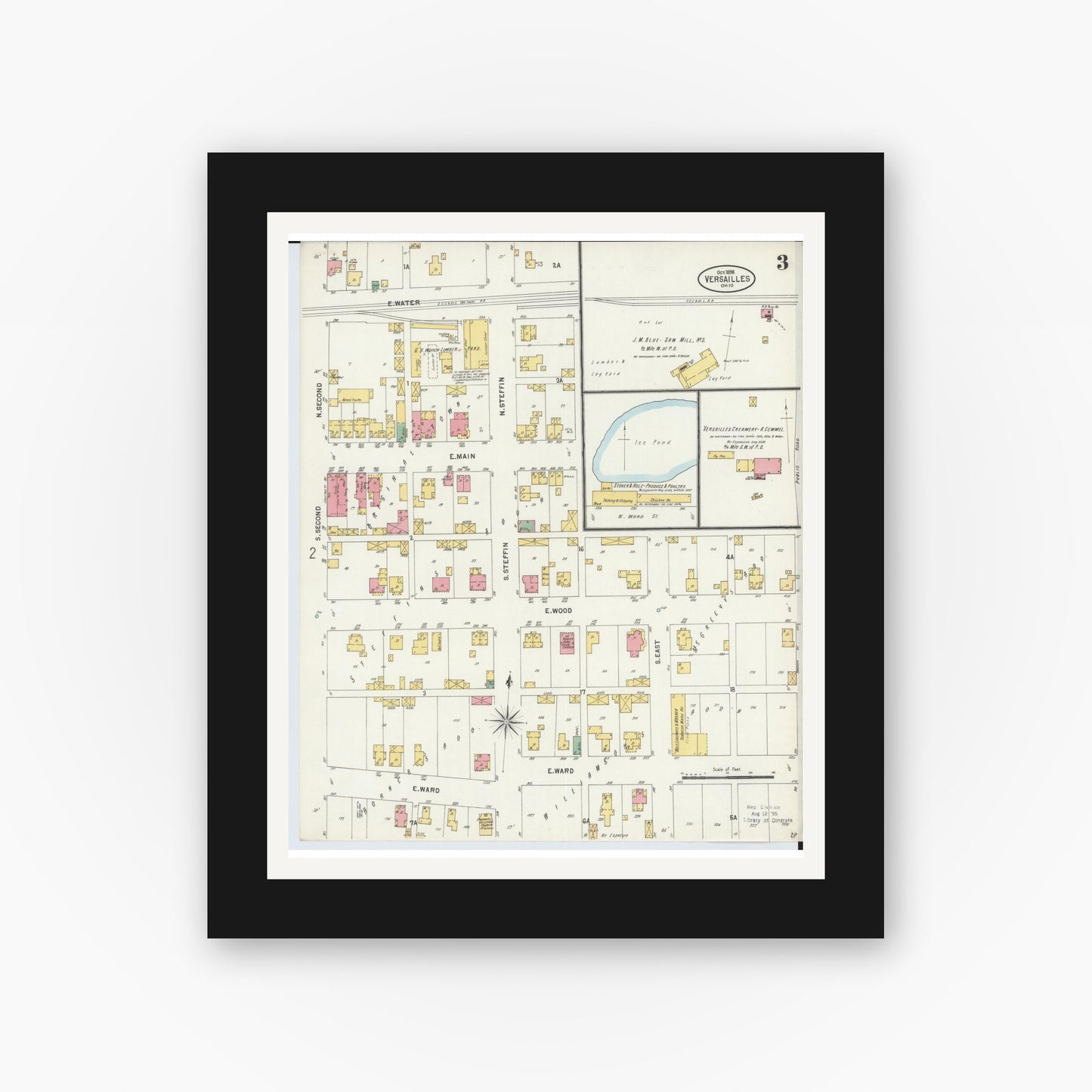 Old map wall art mockup — black gallery frame with white mat — Sanborn Fire Insurance Map from Versailles, Darke County, Ohio (1898), Sheet #0003