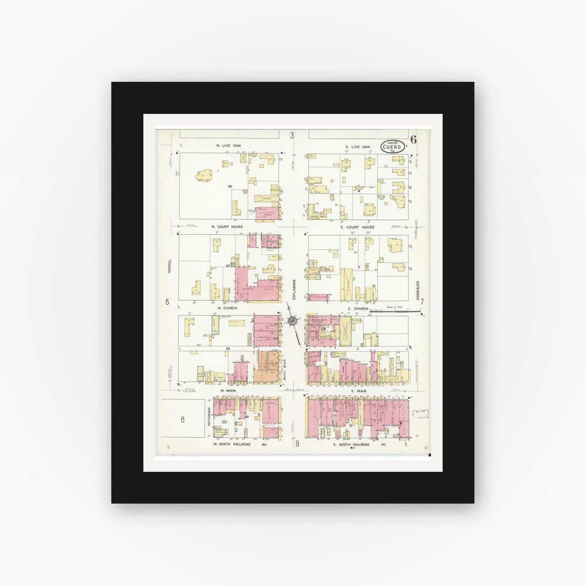 Old map wall art mockup — black gallery frame with white mat — Sanborn Fire Insurance Map from Cuero, De Witt County, Texas (1912), Sheet #0006