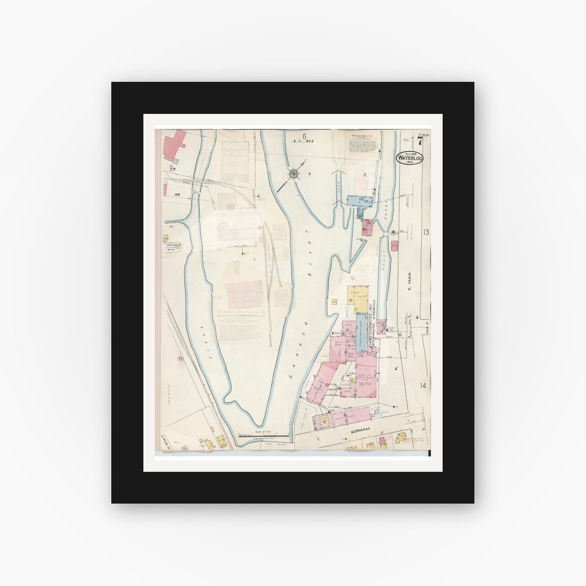 Old map wall art mockup — black gallery frame with white mat — Sanborn Fire Insurance Map from Waterloo, Seneca County, New York (1948), Sheet #0007
