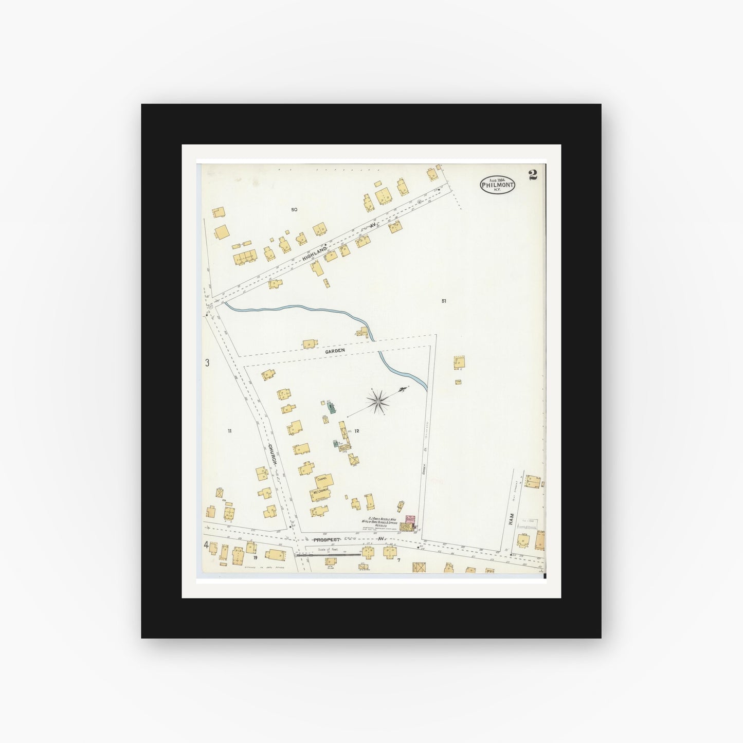 Old map wall art mockup — black gallery frame with white mat — Sanborn Fire Insurance Map from Philmont, Columbia County, New York (1904), Sheet #0002