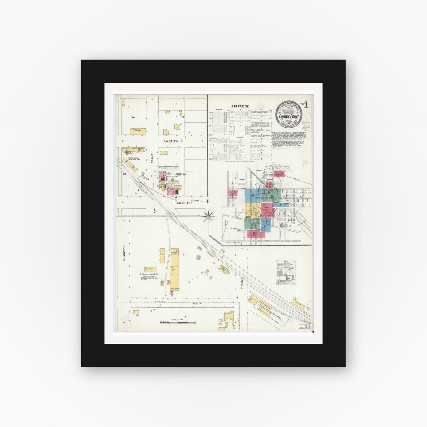 Old map wall art mockup — black gallery frame with white mat — Sanborn Fire Insurance Map from Crown Point, Lake County, Indiana (1905) - Complete Map Set