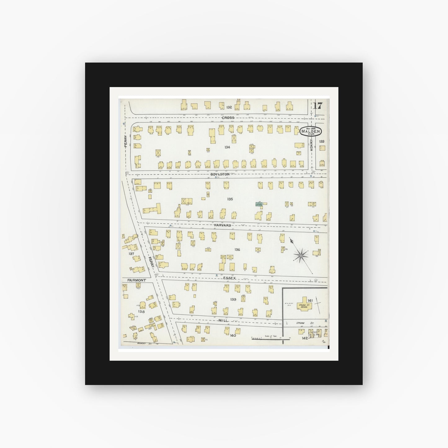 Old map wall art mockup — black gallery frame with white mat — Sanborn Fire Insurance Map from Malden, Middlesex County, Massachusetts (1892), Sheet #0017