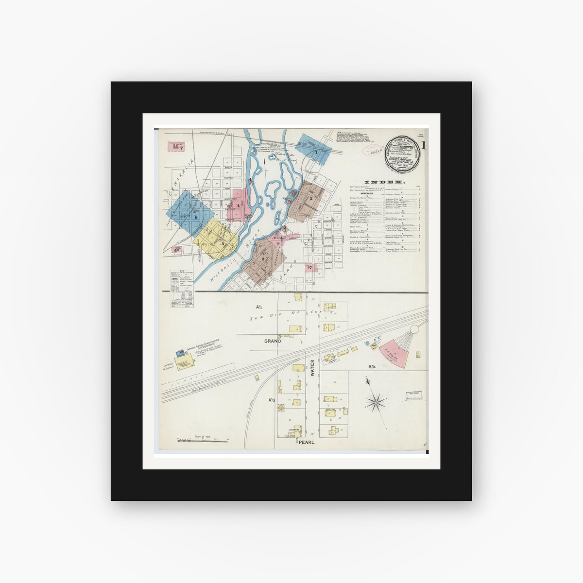 Old map wall art mockup — black gallery frame with white mat — Sanborn Fire Insurance Map from Grand Rapids, Wood County, Wisconsin (1891) - Complete Map Set