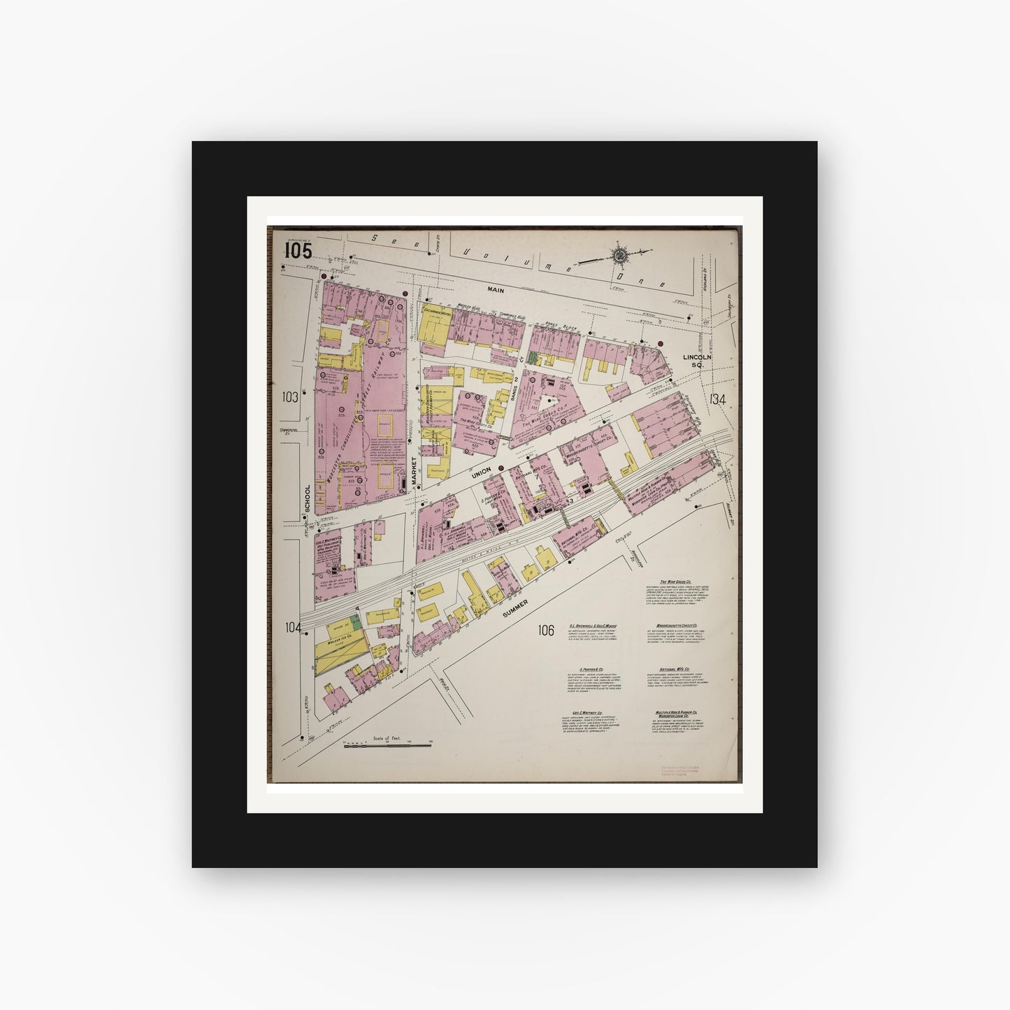 Old map wall art mockup — black gallery frame with white mat — Sanborn Fire Insurance Map from Worcester, Worcester County, Massachusetts (1910), Sheet #0105