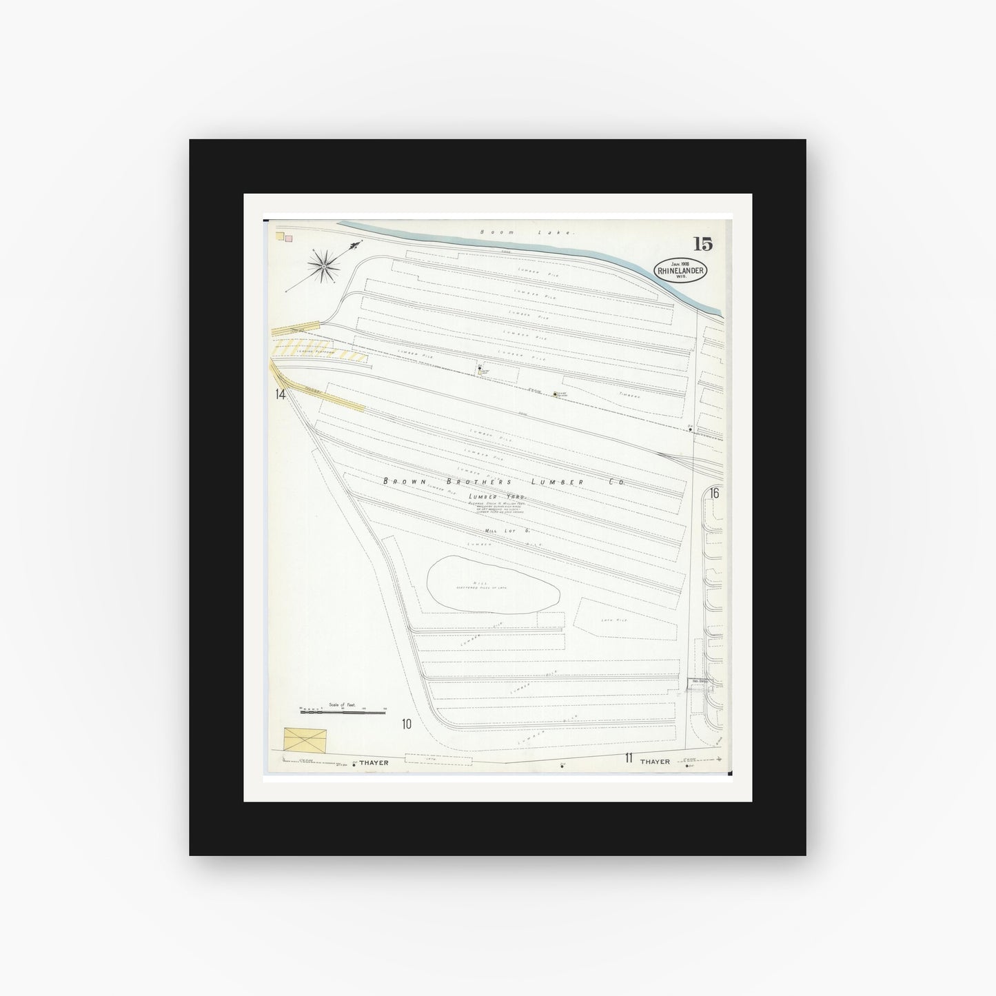 Old map wall art mockup — black gallery frame with white mat — Sanborn Fire Insurance Map from Rhinelander, Oneida County, Wisconsin (1908), Sheet #0015