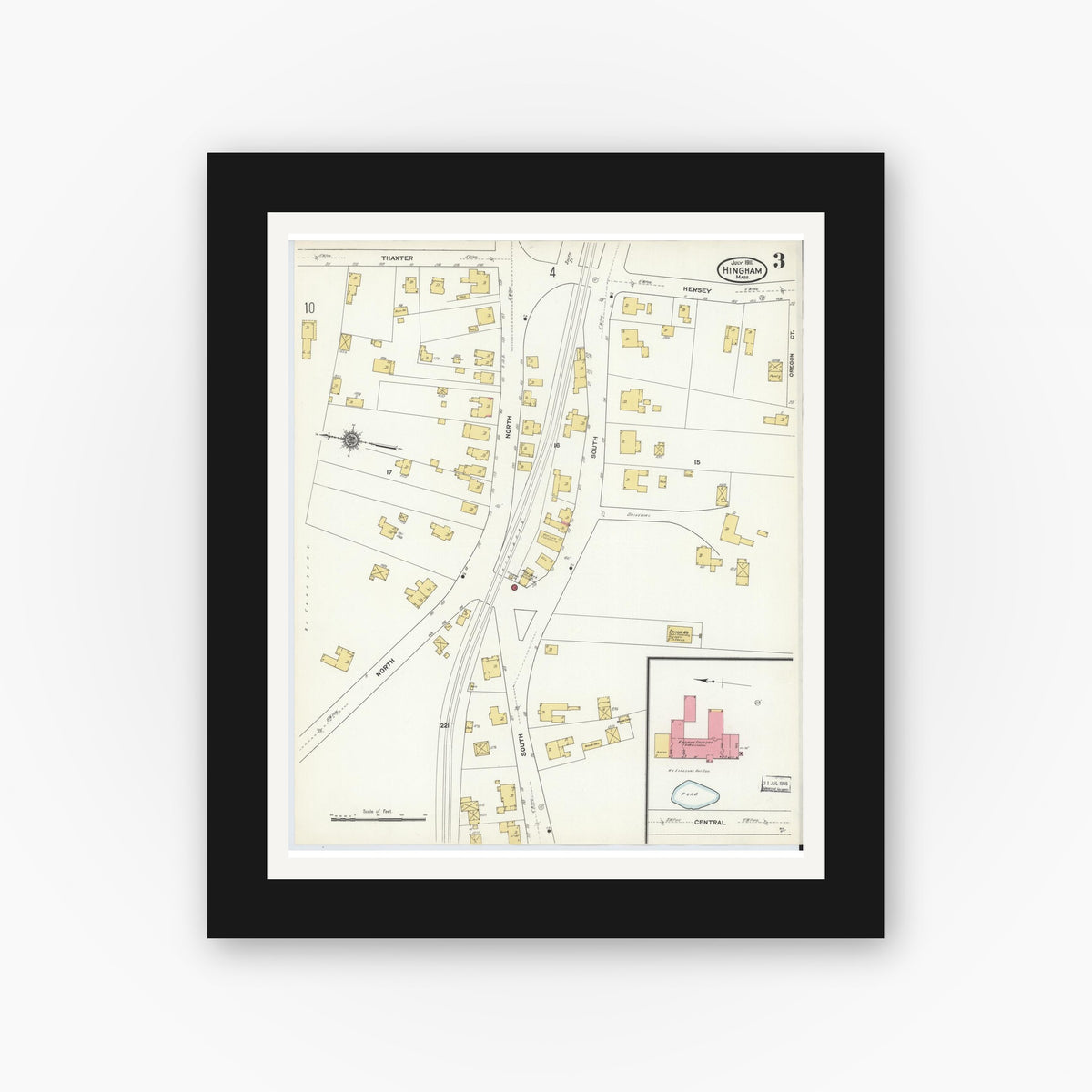 Old map wall art mockup — black gallery frame with white mat — Sanborn Fire Insurance Map from Hingham, Plymouth County, Massachusetts (1911), Sheet #0003