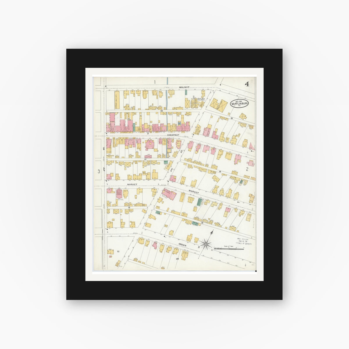 Old map wall art mockup — black gallery frame with white mat — Sanborn Fire Insurance Map from Mifflinburg, Union County, Pennsylvania (1906), Sheet #0004