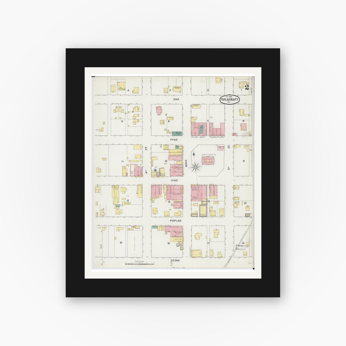 Old map wall art mockup β black gallery frame with white mat β Sanborn Fire Insurance Map from Poplar Bluff, Butler County, Missouri (1892), Sheet #0002