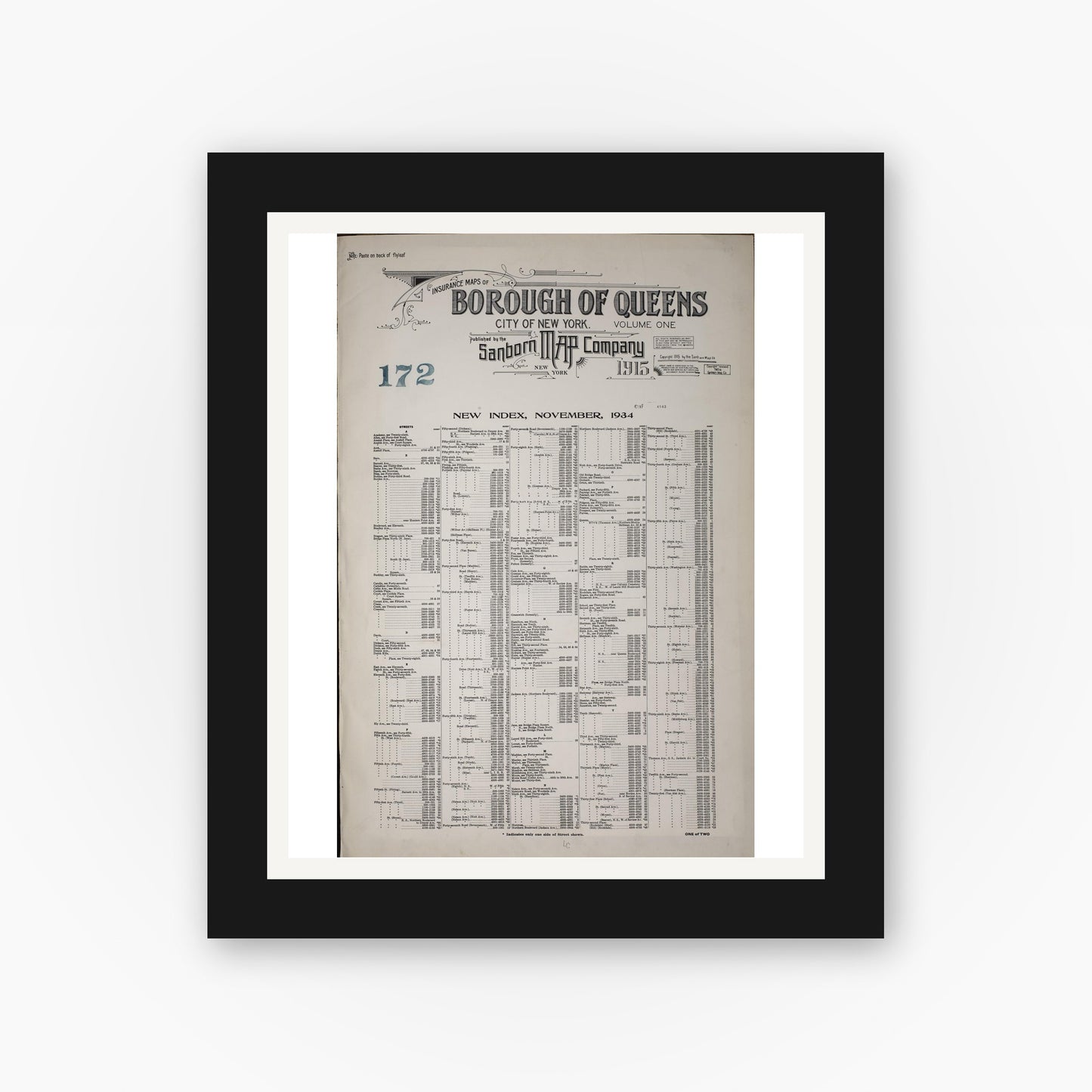 Old map wall art mockup β black gallery frame with white mat β Sanborn Fire Insurance Map from Queens, Queens County, New York (1947), Sheet #0001