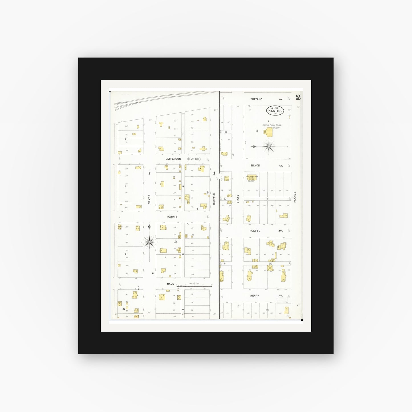 Old map wall art mockup — black gallery frame with white mat — Sanborn Fire Insurance Map from Hastings, Mills County, Iowa (1901), Sheet #0002