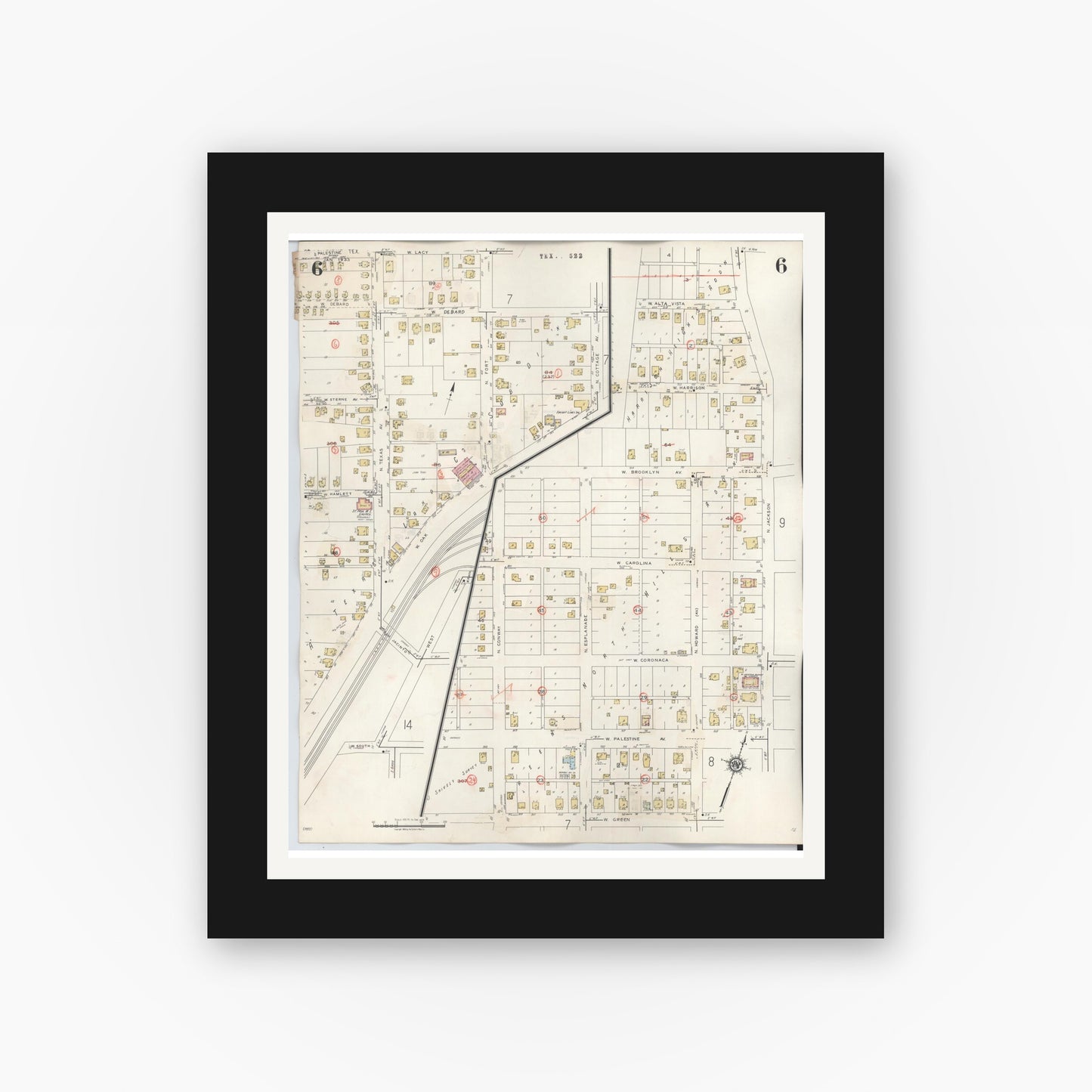 Old map wall art mockup — black gallery frame with white mat — Sanborn Fire Insurance Map from Palestine, Anderson County, Texas (1949), Sheet #0006