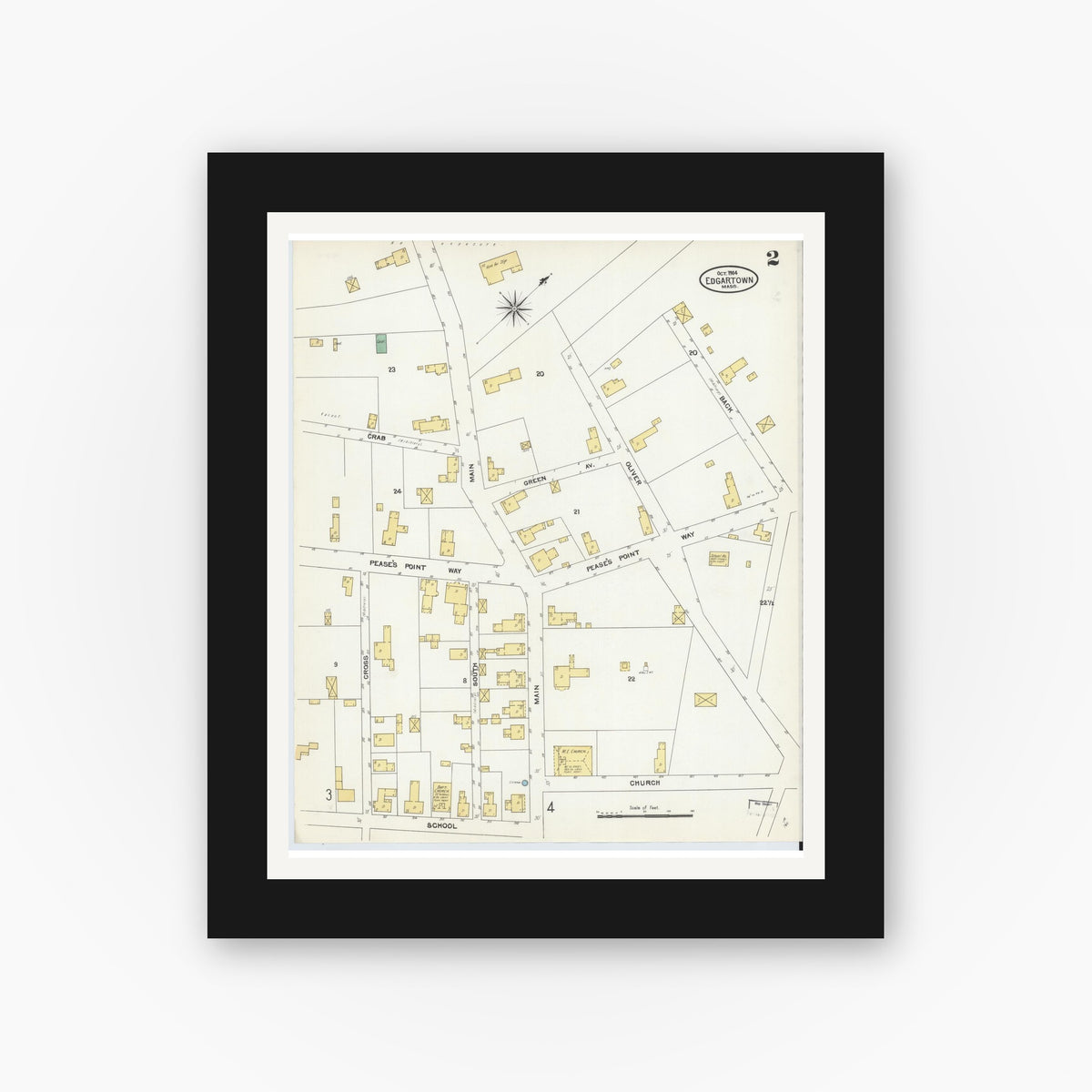 Old map wall art mockup — black gallery frame with white mat — Sanborn Fire Insurance Map from Edgartown, Dukes County, Massachusetts (1904), Sheet #0002