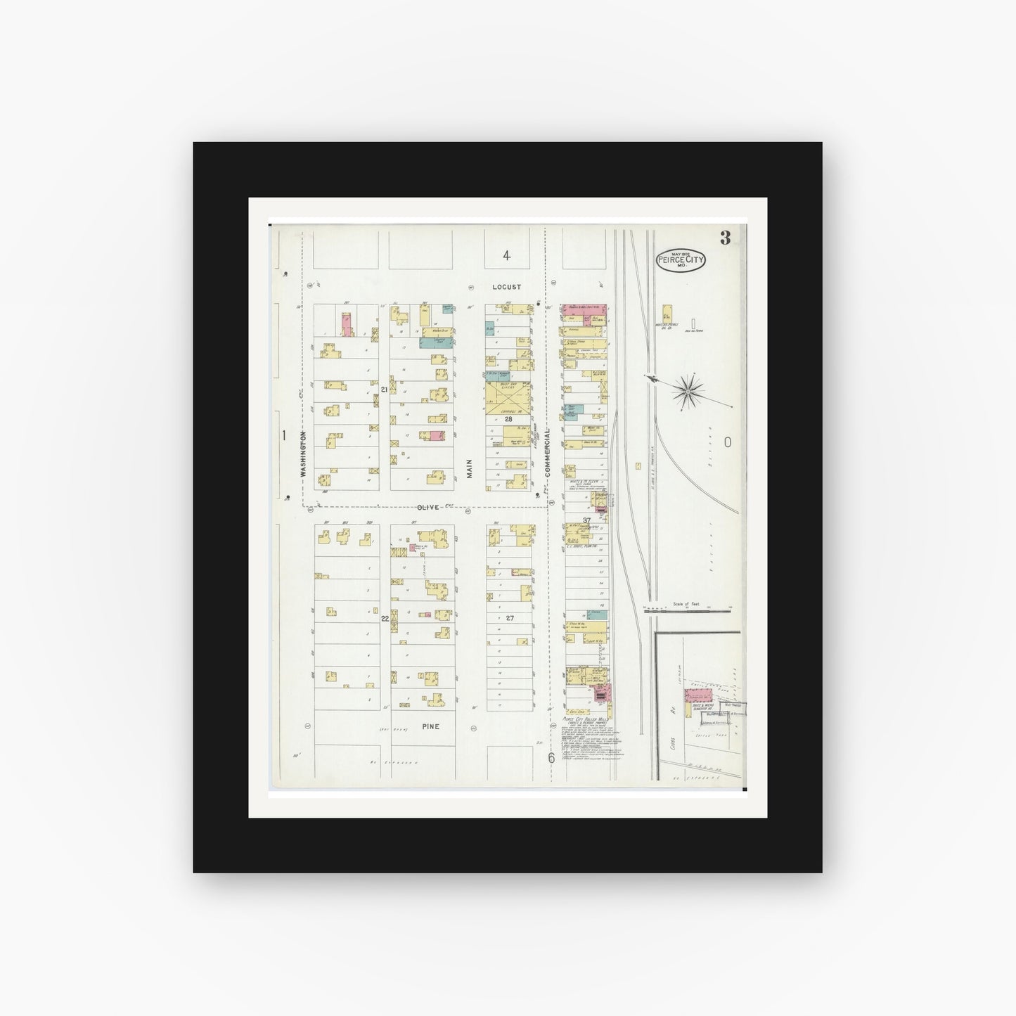 Old map wall art mockup — black gallery frame with white mat — Sanborn Fire Insurance Map from Pierce City, Lawrence County, Missouri (1902), Sheet #0003