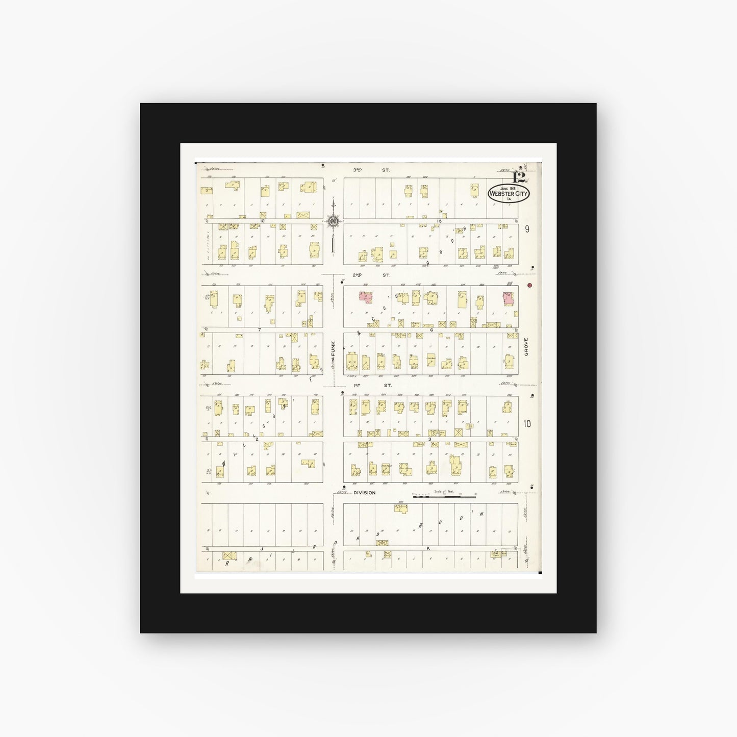 Old map wall art mockup — black gallery frame with white mat — Sanborn Fire Insurance Map from Webster City, Hamilton County, Iowa (1915), Sheet #0012