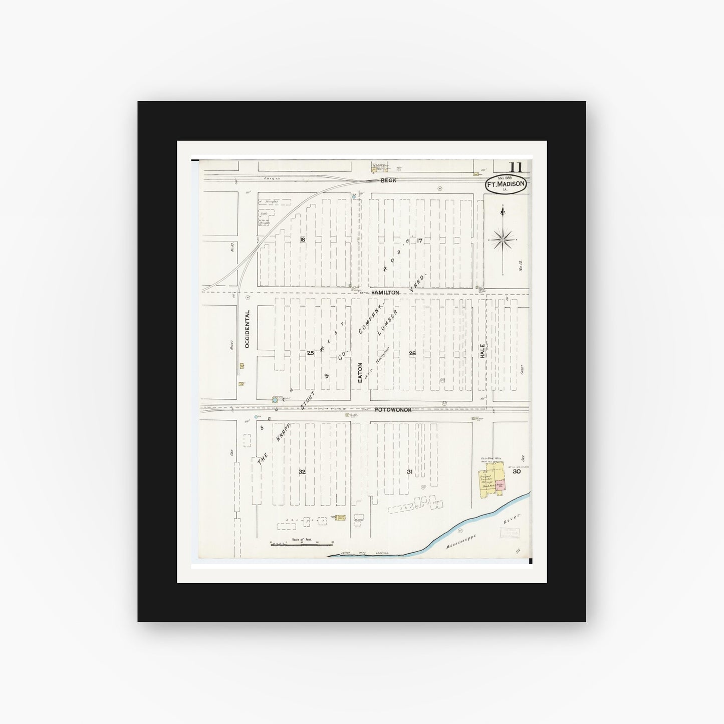 Old map wall art mockup — black gallery frame with white mat — Sanborn Fire Insurance Map from Fort Madison, Lee County, Iowa (1889), Sheet #0011