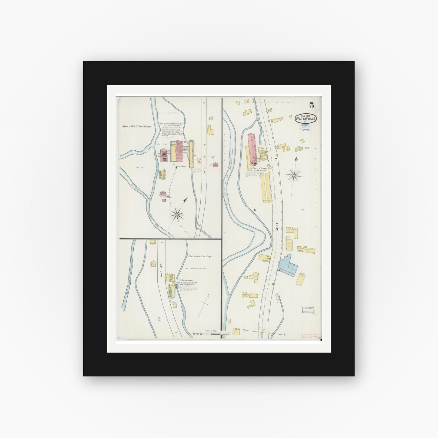 Old map wall art mockup — black gallery frame with white mat — Sanborn Fire Insurance Map from Waterville, Oneida County, New York (1894), Sheet #0005